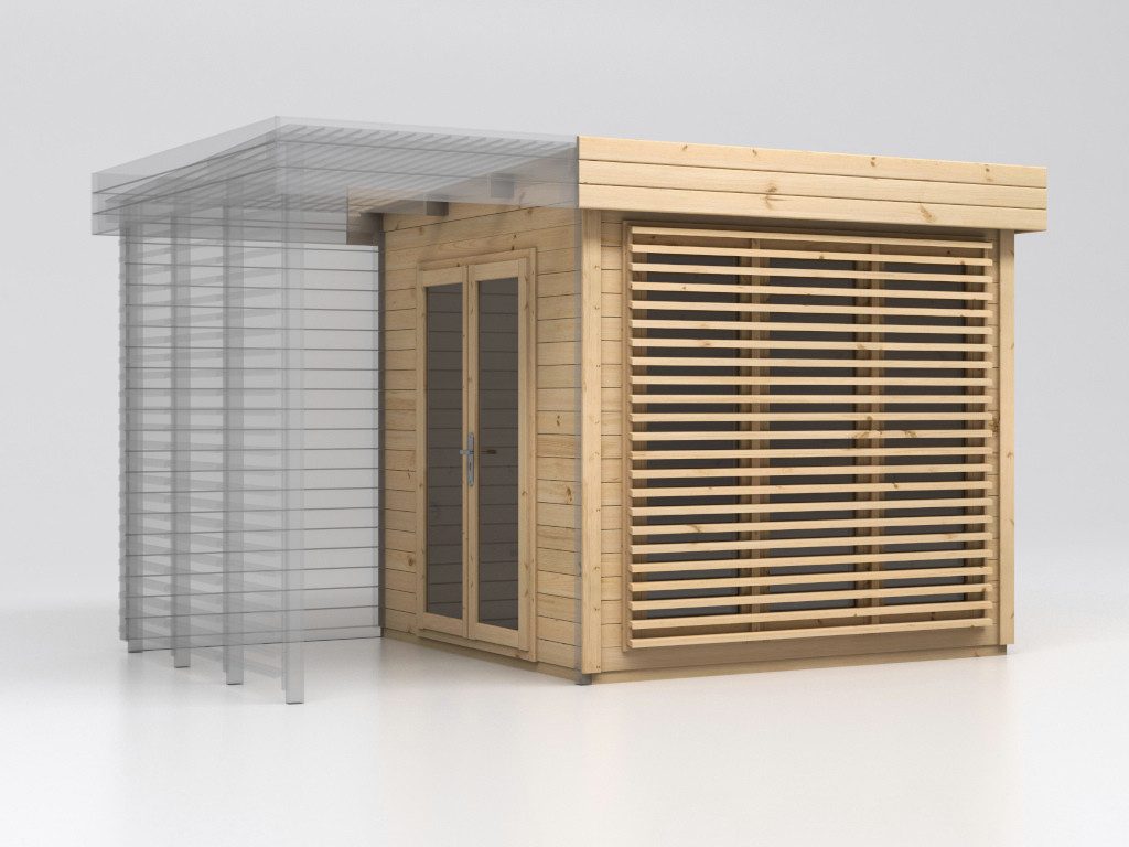 Woodtex Gartenhaus WOODTEX Gartenhaus mit Anbau Ivar 28 mm, BxT: 433x278 cm, Holz-Gartenhaus mit Fußboden, wetterfest & witterungsbeständig