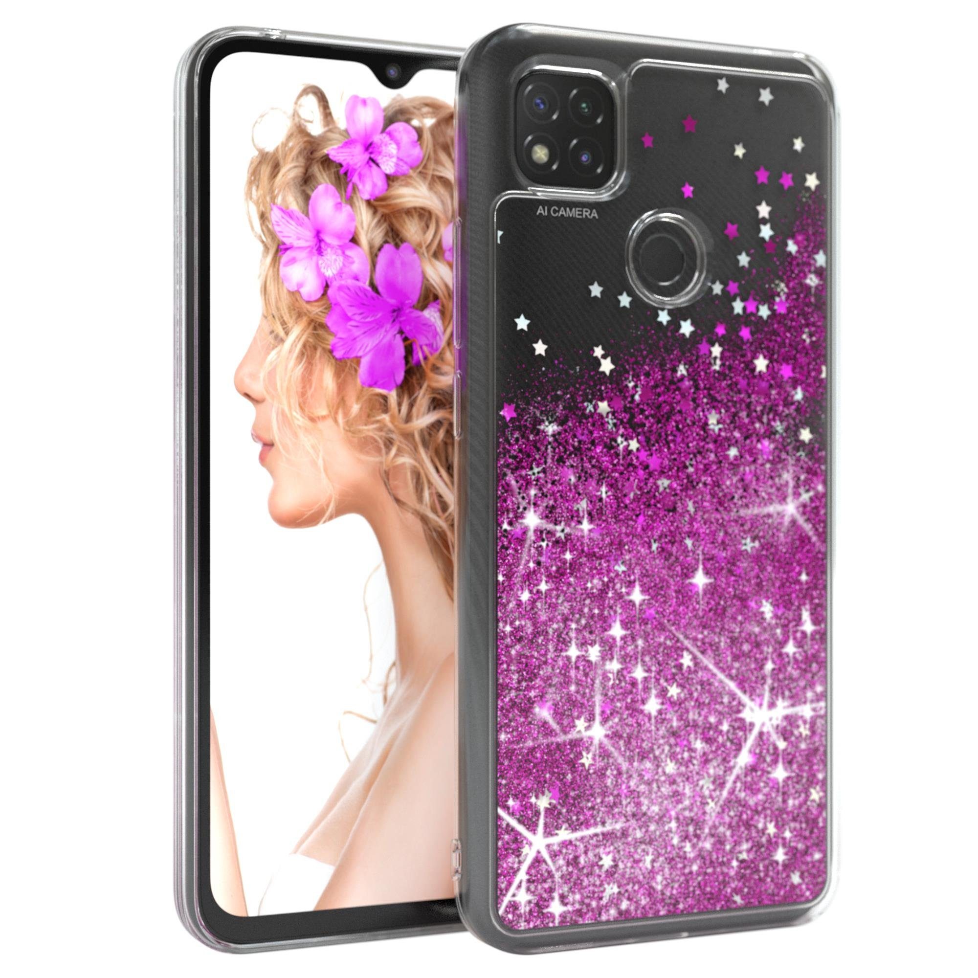 EAZY CASE Handyhülle Liquid Glittery Case für Xiaomi Redmi 9C 6,53 Zoll, Bumper Case Back Cover Glitter Glossy Handyhülle Etui Violett Lila