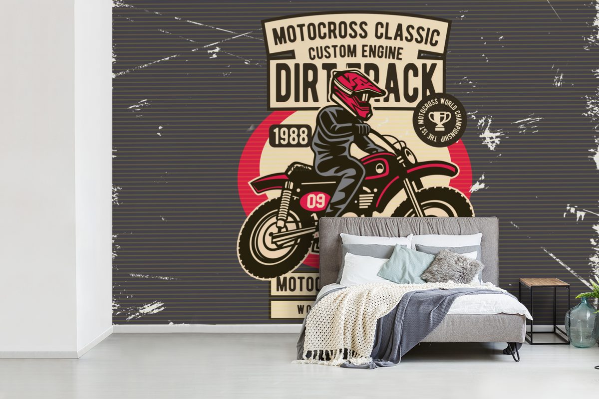 Kinderzimmer, (6 Wallpaper Schlafzimmer, St), Helm Retro - Motorrad Vinyl Zeichnung, Matt, bedruckt, Tapete für MuchoWow - Fototapete Wohnzimmer, -