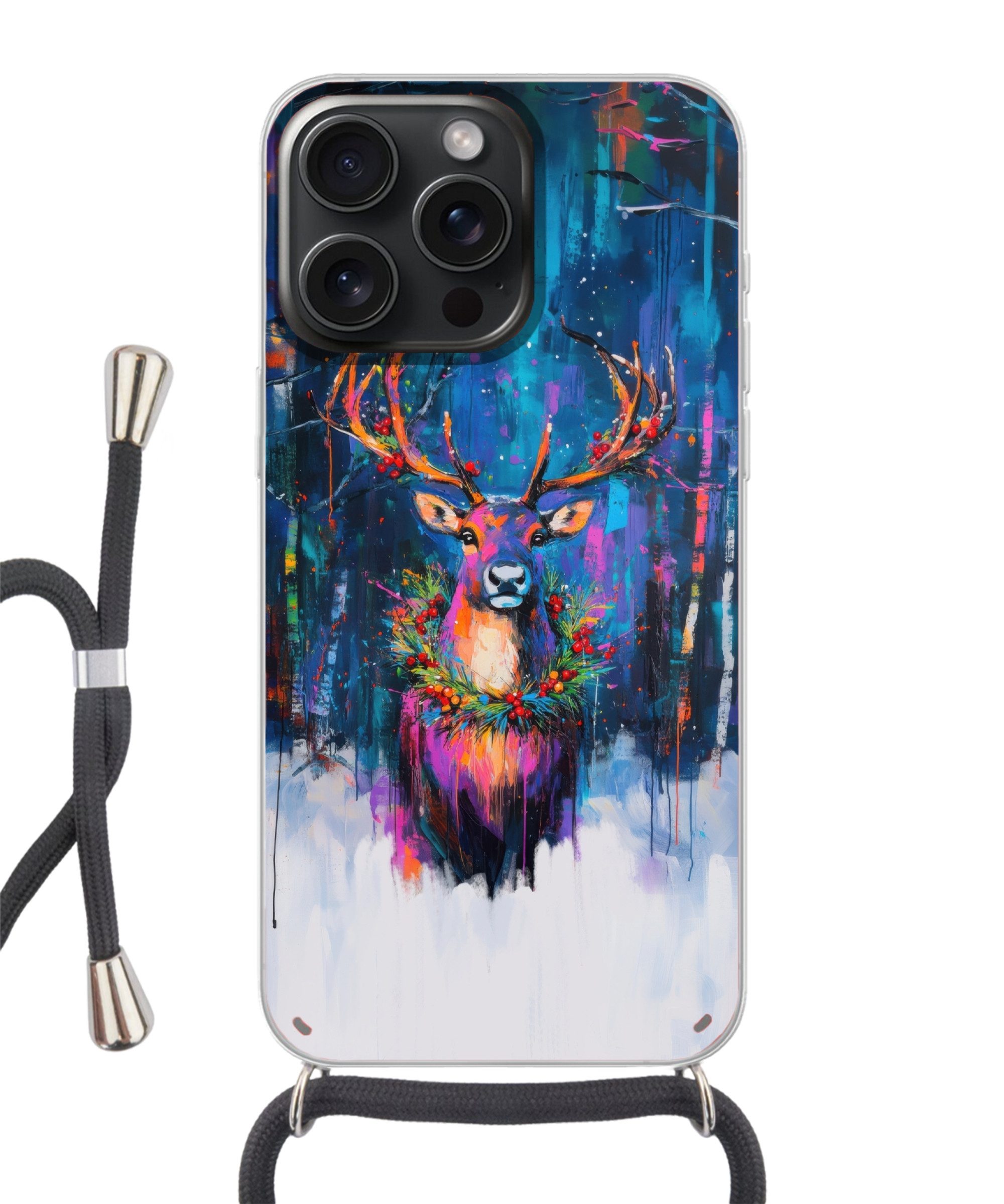 MuchoWow Handyhülle für Apple iPhone 15 Pro Max Rentier - Kranz - Märchenhaft - Blau, Tragbare Handyhüllen mit Kette zum umhängen, Handykette Handyband