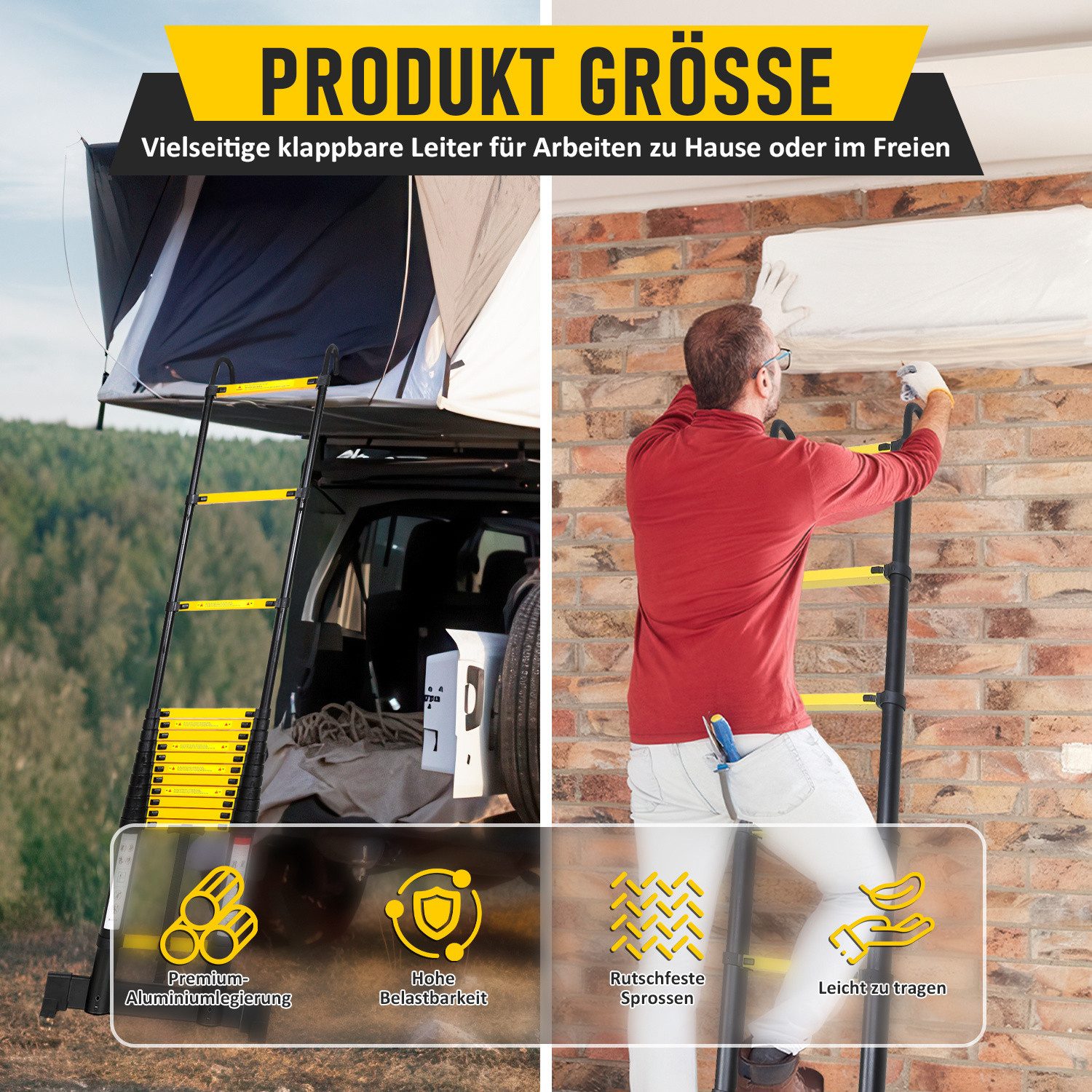 Clanmacy Teleskopleiter Premium Alu Teleskopleiter Ausziehleiter mit Stabilisator Höhe 3,8M (Teleskopleiter,Anlegeleiter,Klappleiter,Schiebeleiter, Hochleistung – Bild 4 von 5
