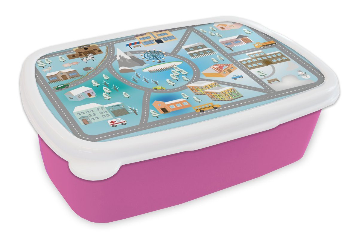 MuchoWow Lunchbox Auto, - - Winter Mädchen, rosa Kinder, - Kunststoff für Brotdose Gebäude Kunststoff, Erwachsene, Brotbox Snackbox, Kinder (2-tlg)
