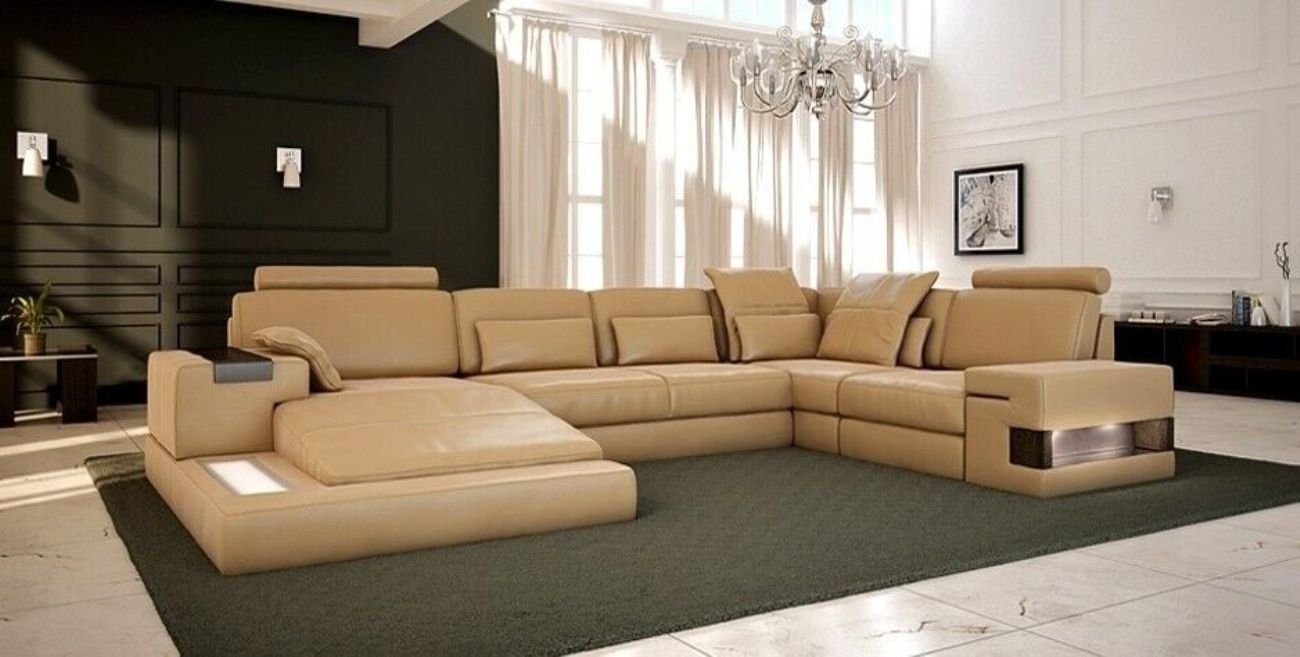 JVmoebel Braun mit Ecksofa Couch Großes Wohnlandschaft Ledersofa USB Sofa Sofa Ecksofa Design