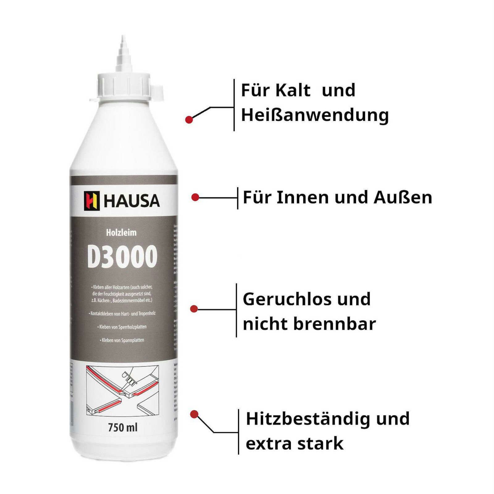 Hausa Montagekleber Holzleim D3, (1 x 750 ml Wasserfest Weißleim Leim, 1-tlg), lösemittelfrei Holzkleber Bastel Stark für vielseitige Verleimungs