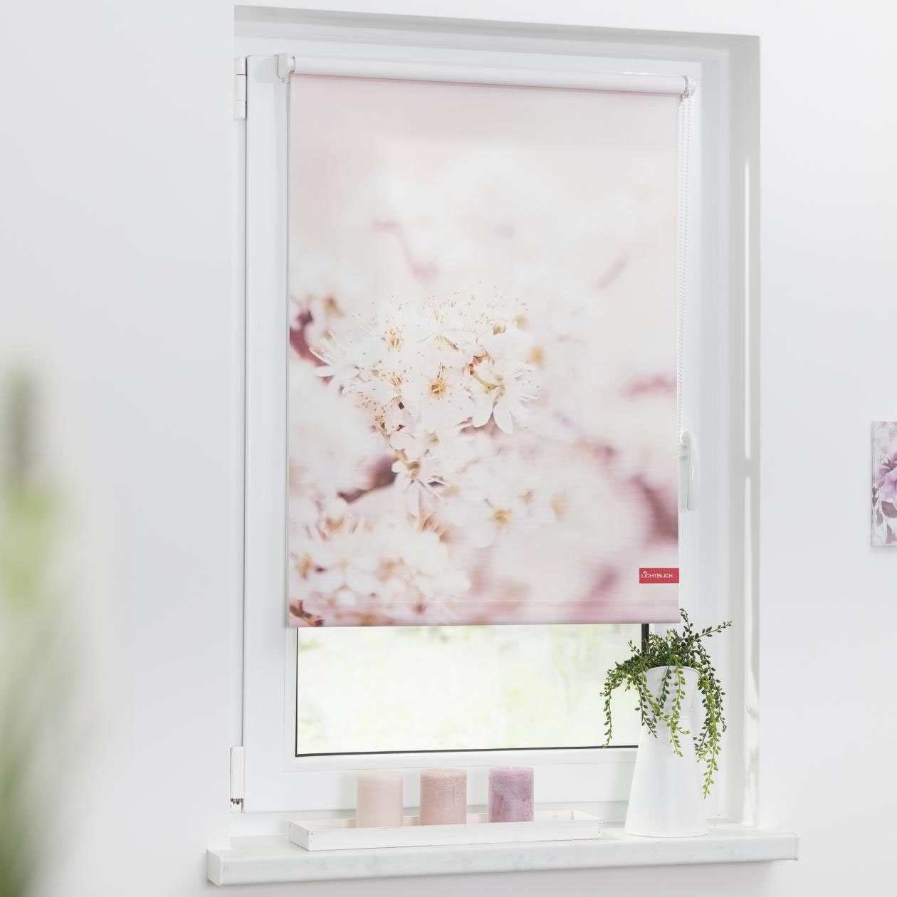 Seitenzugrollo Rollo Klemmfix, ohne Bohren, Verdunkelung, Kirschblüten - Rosa Weiß, LICHTBLICK ORIGINAL, verdunkelnd, freihängend, Klemmfix