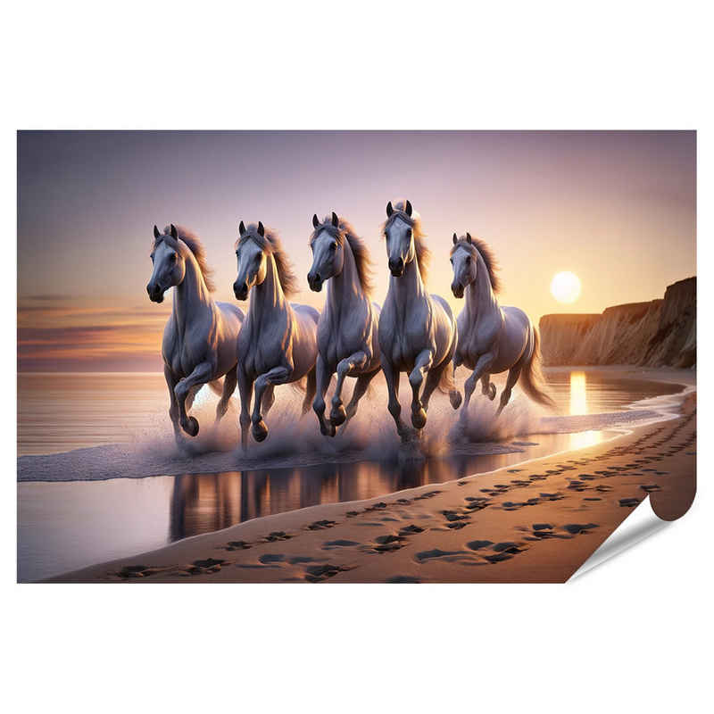 islandburner Poster Fotorealistisch: Vier weiße Pferde im Sonnenuntergangslicht Seite an S