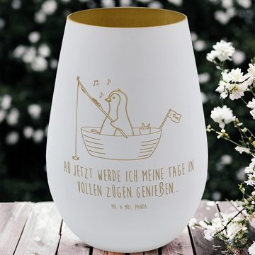 Mr. & Mrs. Panda Windlicht Pinguin Angelboot - Weiß - Geschenk, Angeln, Motivation, Kerze, Gravi (1 St), Handgefertigte Gravur