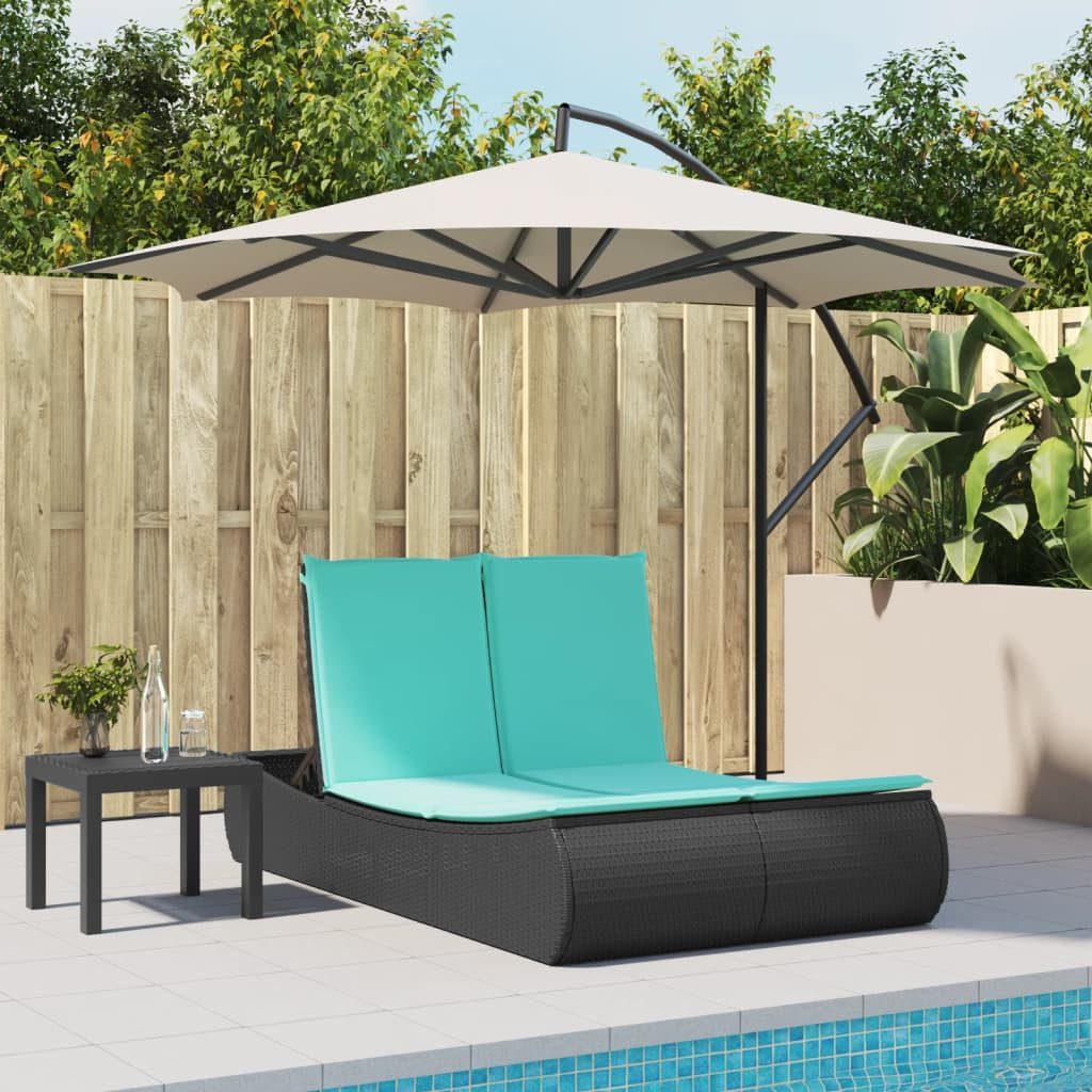 vidaXL Gartenliege Doppel-Sonnenliege mit Kissen Schwarz Poly Rattan, 1 St.