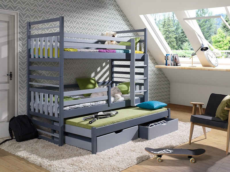 Deine Möbel 24 Etagenbett HENRY für 3 Kinder 90x200 ohne Matratzen / mit Matratzen Stockbett (Set, 4-St., aus Kiefernholz für Kinder und Jugendliche), Hochbett Funktionsbett aus Massivholz, in 2 Kinderbetten umbaubar