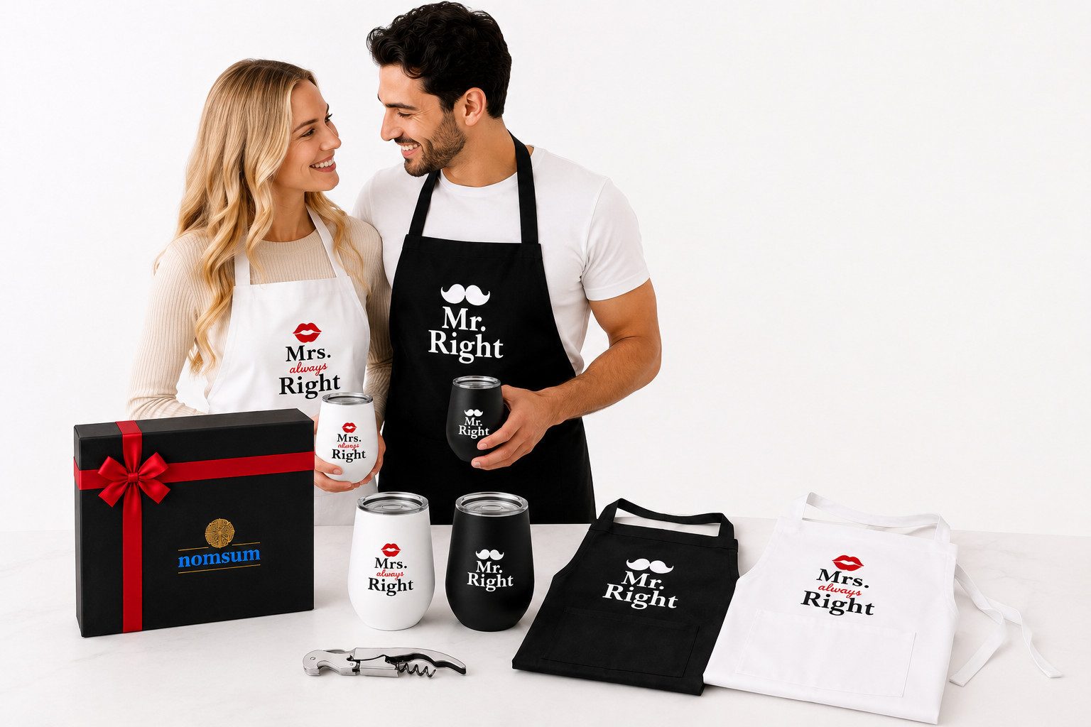 nomsum Kochschürze Mr. Right & Mrs. always Right Geschenkset Das perfekte Geschenk für, (Set bestehend aus 2 Schürzen)