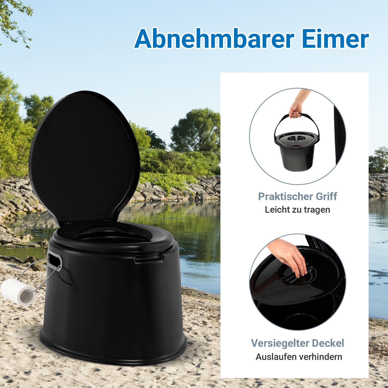 COSTWAY Campingtoilette, tragbar, mit abnehmbarem Eimer, Papierhalter