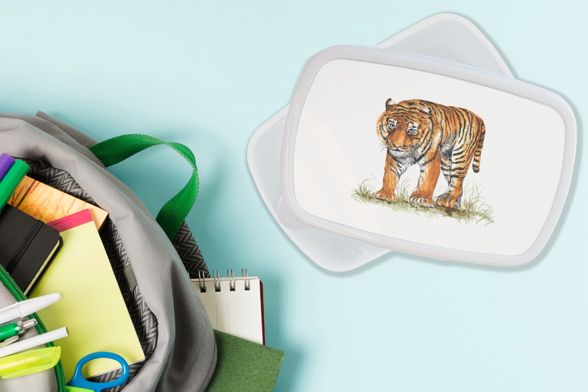 Tiger Erwachsene, für Brotbox Kinder Lunchbox Gras - Mädchen und weiß für MuchoWow Kunststoff, und Jungs (2-tlg), Bild, Brotdose, -