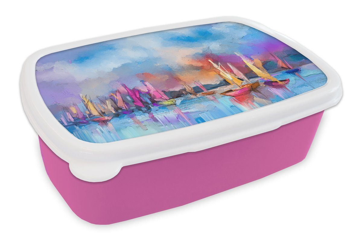 MuchoWow Lunchbox Malerei - Boote - Wasser, Kunststoff, (2-tlg), Brotbox für Erwachsene, Brotdose Kinder, Snackbox, Mädchen, Kunststoff rosa