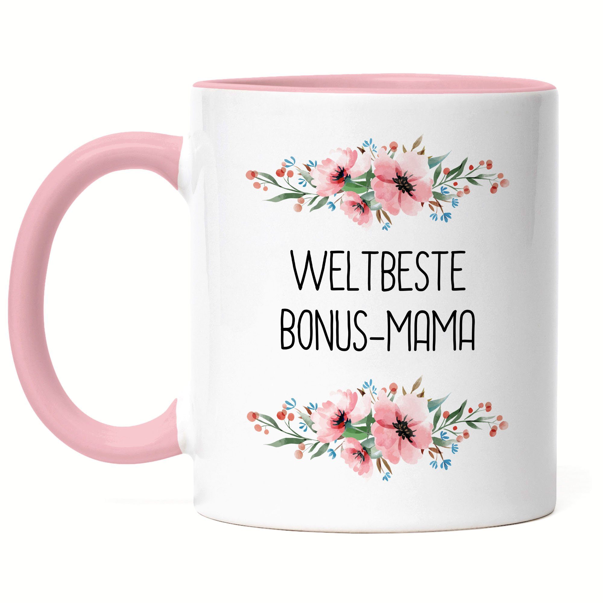 Hey!Print Tasse Weltbeste Bonus-Mama Tasse Mutterliebe Blumenmotiv Geschenkidee Muttertag Geburtstag, Keramik Rosa | Tassen
