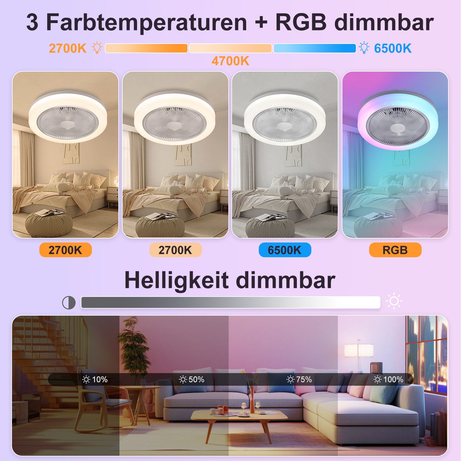 oyajia Deckenleuchte 45W Music LED Deckenleuchte mit Lautsprecher, Leiser Deckenventilator, Luftzirkulationsfunktion, LED fest integriert, RGB Farbwechsel (3000 – Bild 5 von 5