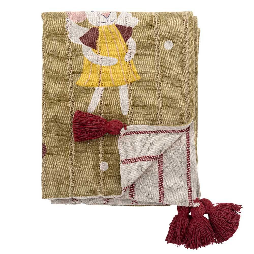 Wohndecke Bloomingville Decke PEO mit Engel und Sternen Rote Quasten 160x130 cm, Bloomingville