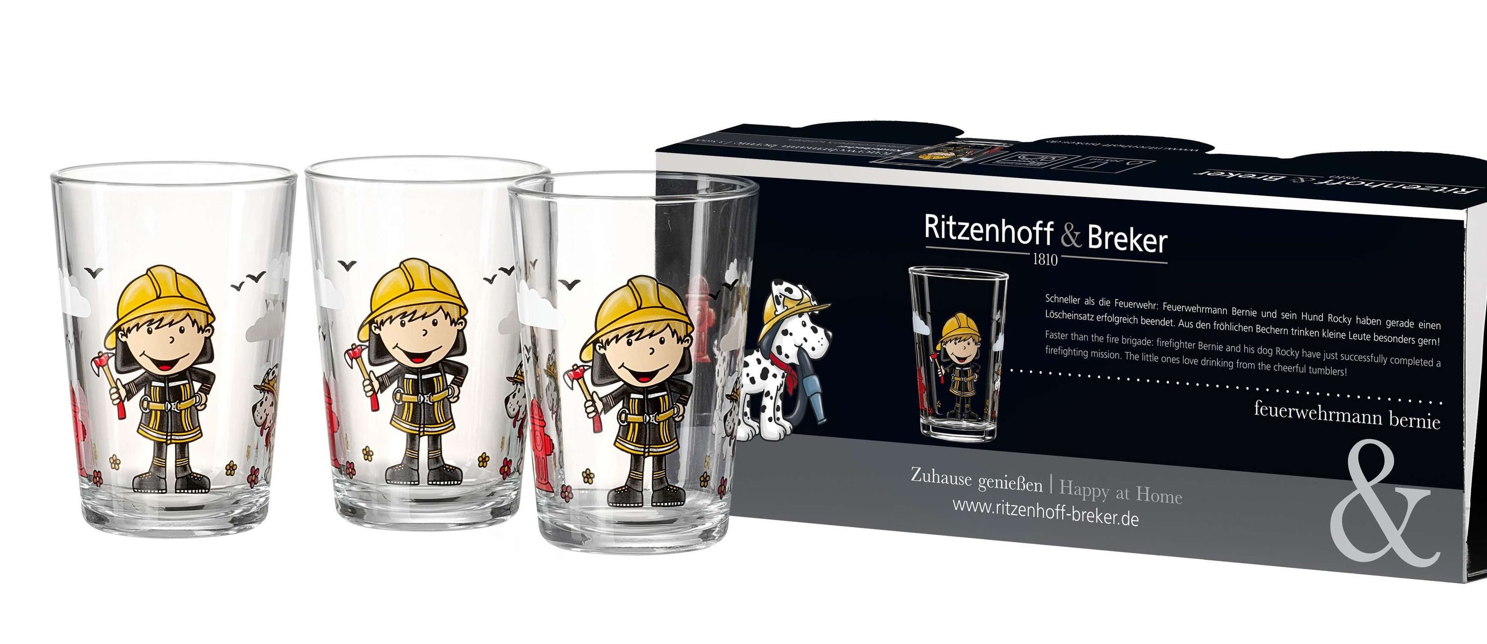 Ritzenhoff & Breker Glas Kindergläser Set Feuerwehrmann Bernie 3 teilig 205 ml, Glas, 3 teilig