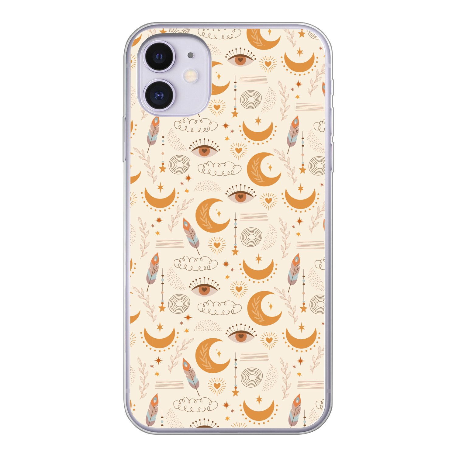 MuchoWow Handyhülle für Apple iPhone 11 Boho - Druck - Augen - Mond - Federn - Beige, Smartphone-Bumper, Print, Handy Schutzhülle Dünn