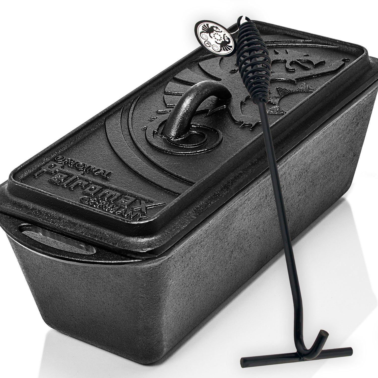 Petromax Кастрюли жаровни Kastenform K4 Feuertopf Dutch Oven Backform, Gusseisen (Spar-Set, 2-tlg., Kastenform mit Deckel und Deckelheber)