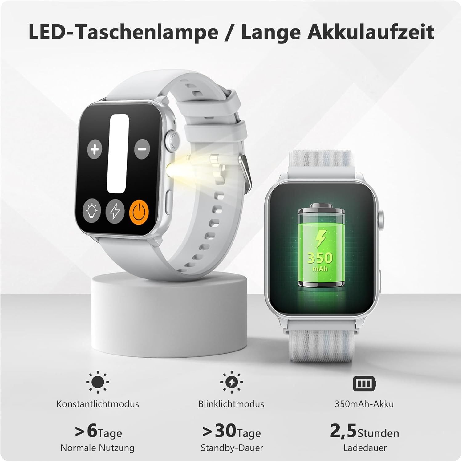 blackview 1,91 Zoll Smartwatch Damen Herren mit Taschenlampe, Bluetooth Anrufe Smartwatch (4,85 cm/1,91 Zoll, iOS/Android), 350mAh (6+Tage),100+ Sportmodi,Fitnessuhr für Android iOS,Herzfrequenz