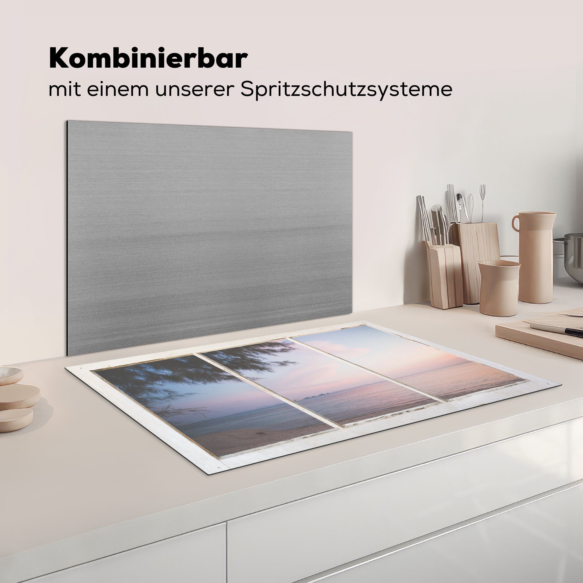 Schutz - 81x52 die Vinyl, MuchoWow (1 Herdblende-/Abdeckplatte Aussicht Ceranfeldabdeckung Meer, Palme cm, küche, - für Induktionskochfeld tlg),