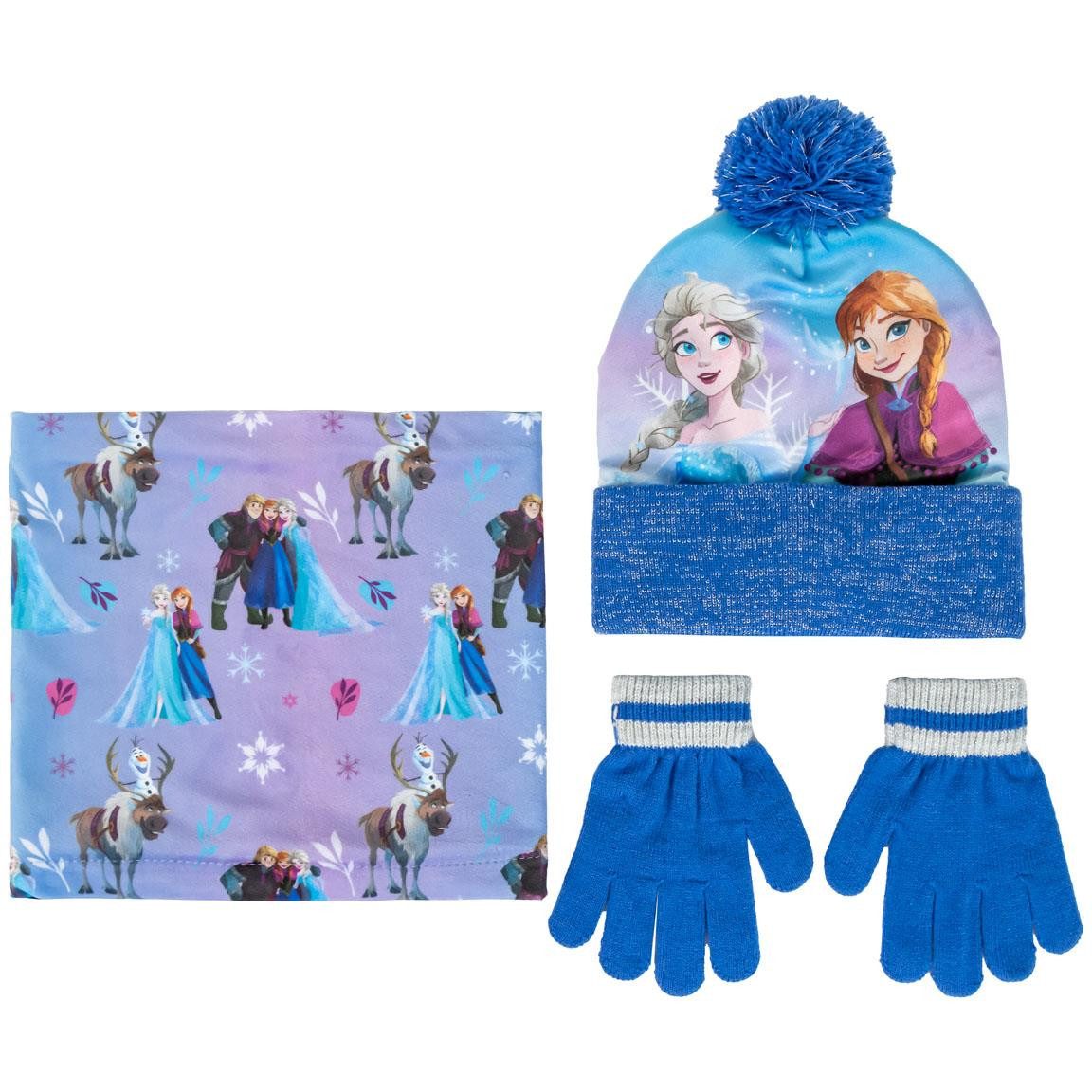 Disney Frozen Bommelmütze Eiskönigin Bommelmütze, Handschuhe und Schal Set, Anna und Elsa