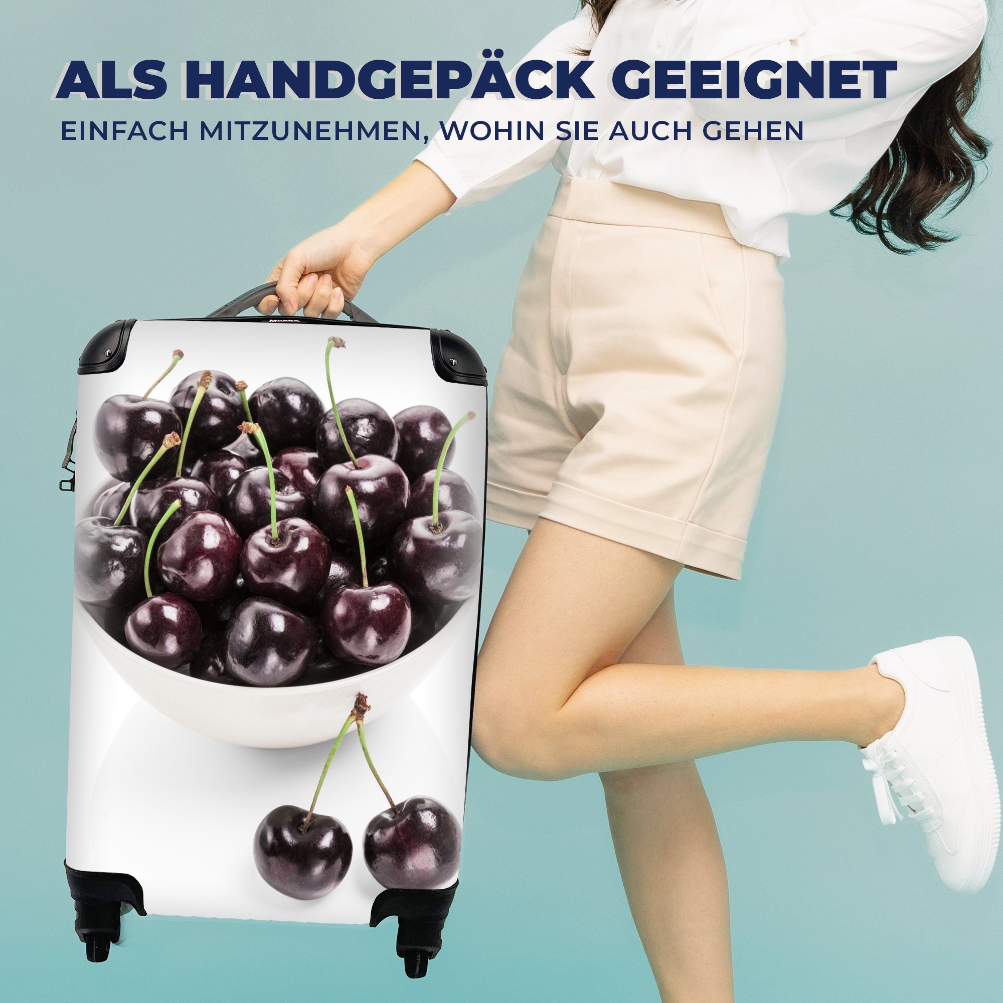 Reisetasche Schale mit Handgepäck Kirsche Rollen, - - Trolley, Ferien, 4 Handgepäckkoffer Weiß, für rollen, MuchoWow Reisekoffer