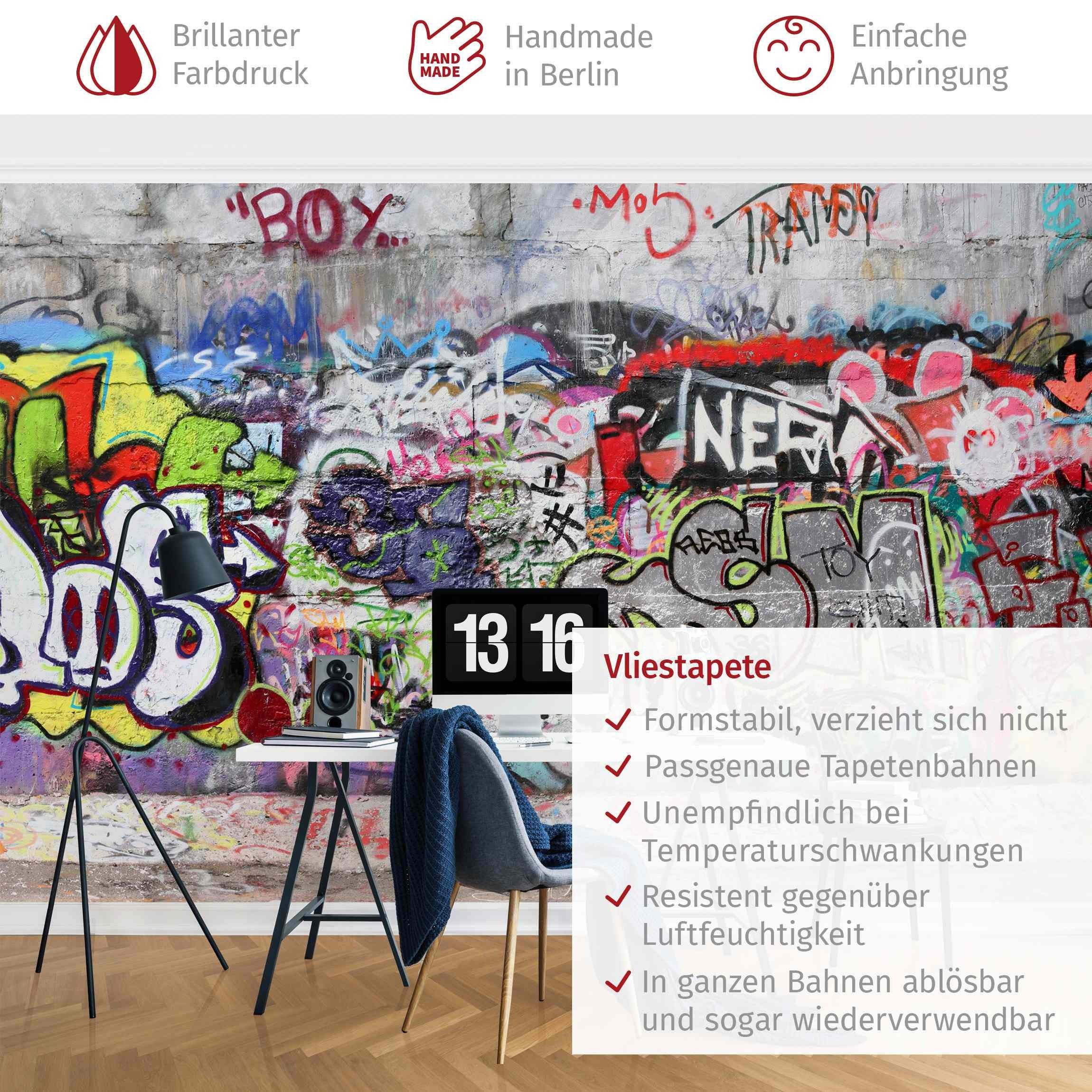Bilderdepot24 Mustertapete Graffiti Optik Graffiti Modern Street Art Wanddeko Kunst, Glatt, Matt, (Vliestapete inkl. Kleister oder selbstklebend), Jugendzimmer Flur Büro Wohnzimmer Fototapete Vliestapete Wandtapete