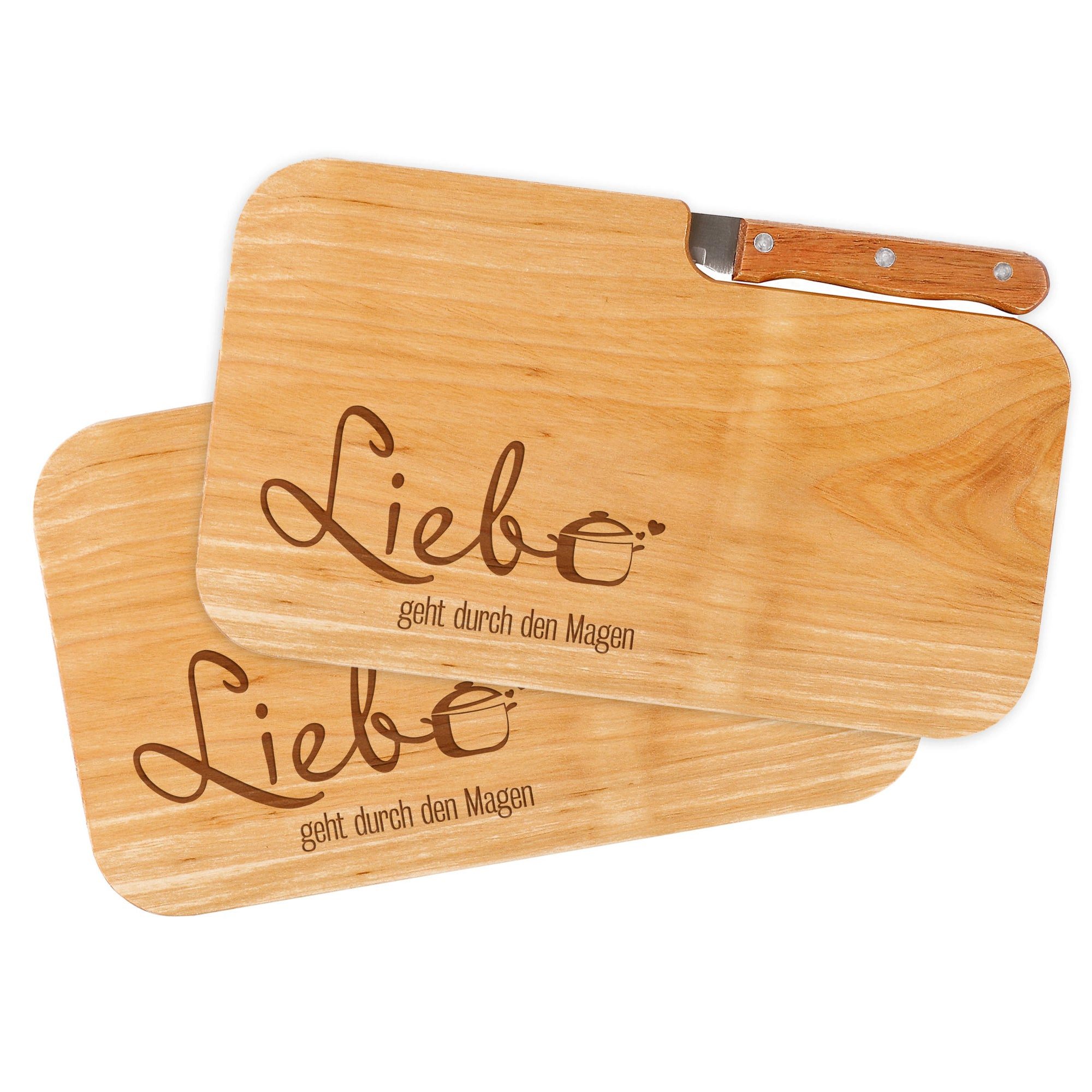 Herz & Heim Frühstücksbrett im 2er Set mit Gravur - Brettchen als Geschenk für Paare & Familien, mit integriertem Messer