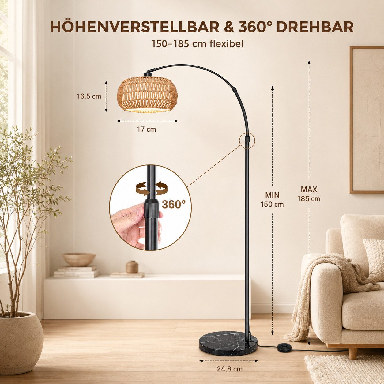 Sunicol Stehlampe Wohnzimmer Dimmbar Stehlampe Doppelter Lampenschirm mit Glühbirne, Marmorsockel, Höhenverstellbar Rattan Bogenlampe, für Schlafzimmer