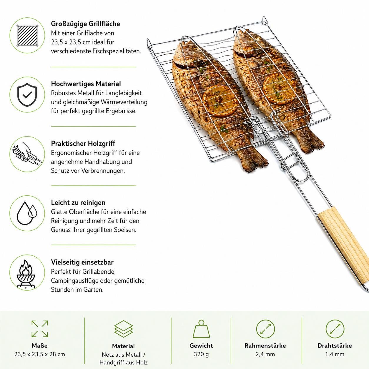 BAYLI Grillspieß Fischbräter 2er Set mit Holzgriff 23,5 x 23,5 cm – Fischkorb Grillkorb – Bild 4 von 5