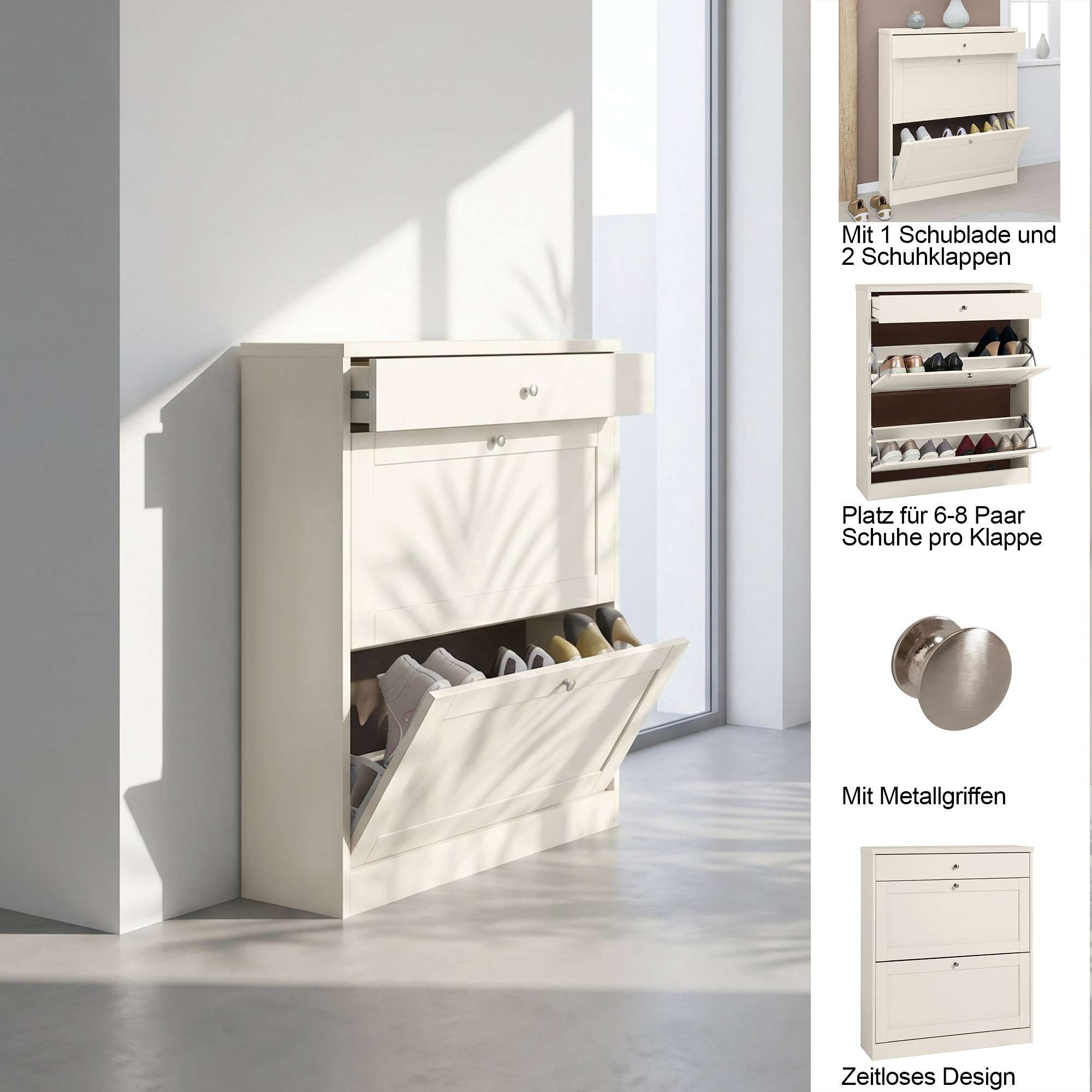 OTTO home Schuhschrank Heide Breite 90cm, mit Schubkasten, 2 Klappen und Facettenfront, Höhe 103cm
