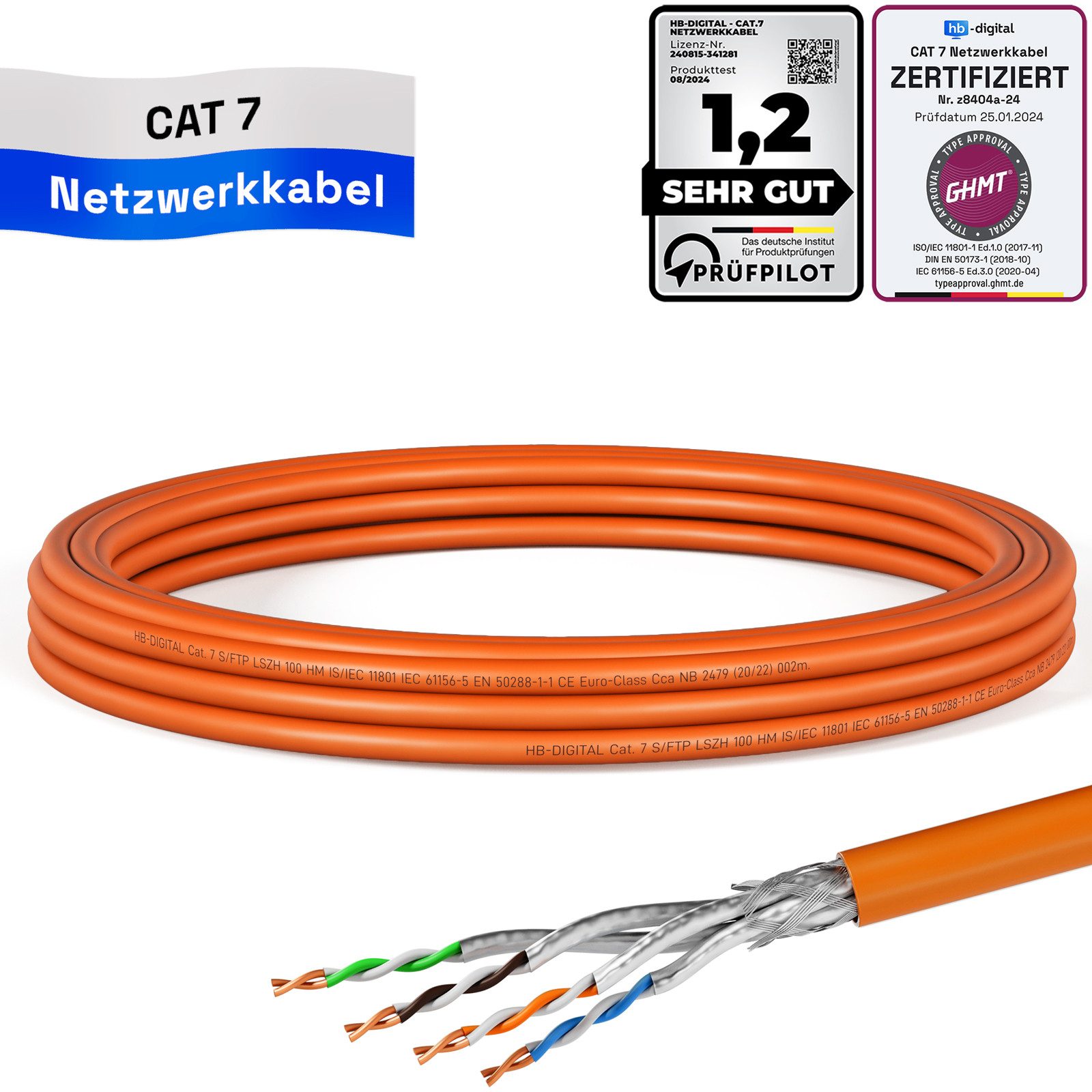 HB-DIGITAL CAT 7 Kabel 5m Installationskabel S/FTP AWG23 LSZH orange Netzwerkkabel, Netzwerkstecker, (500 cm), hochwertiges GHMT zertifiziertes reines Kupfer Verlegekabel