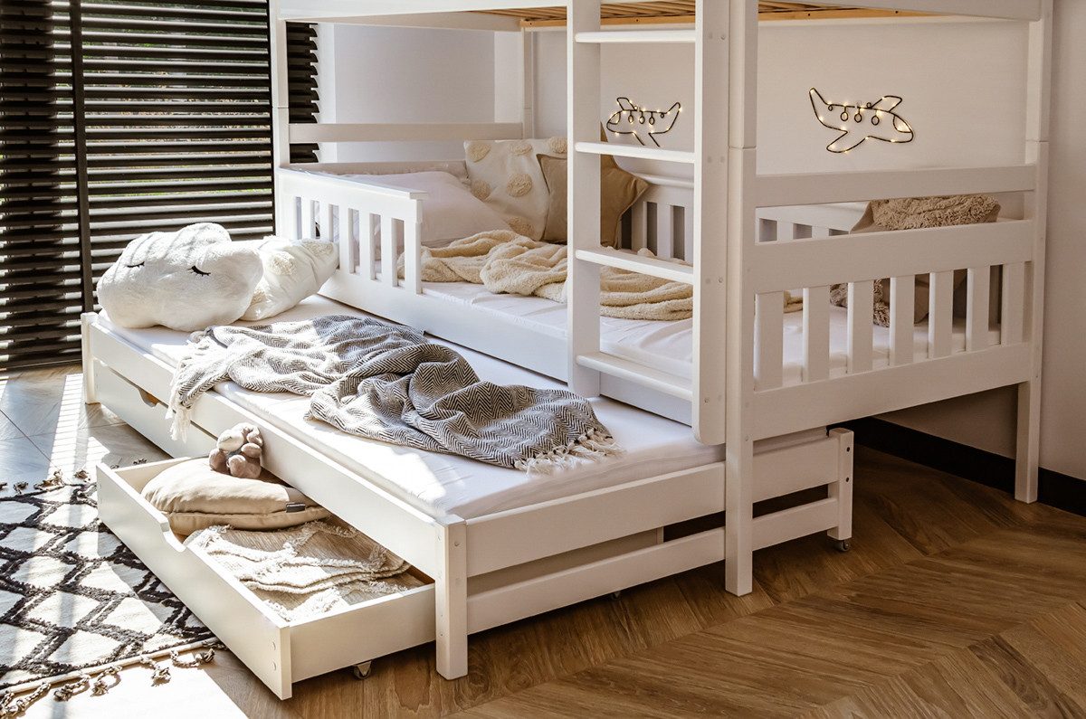 Kids Collective Loft Bed 90x200 with Pull-Out Bed Function, Bunk Bed, Children's Bed with Two Drawers, 2 Slatted Bases, Fall Protection, Convertible into Three Beds, White