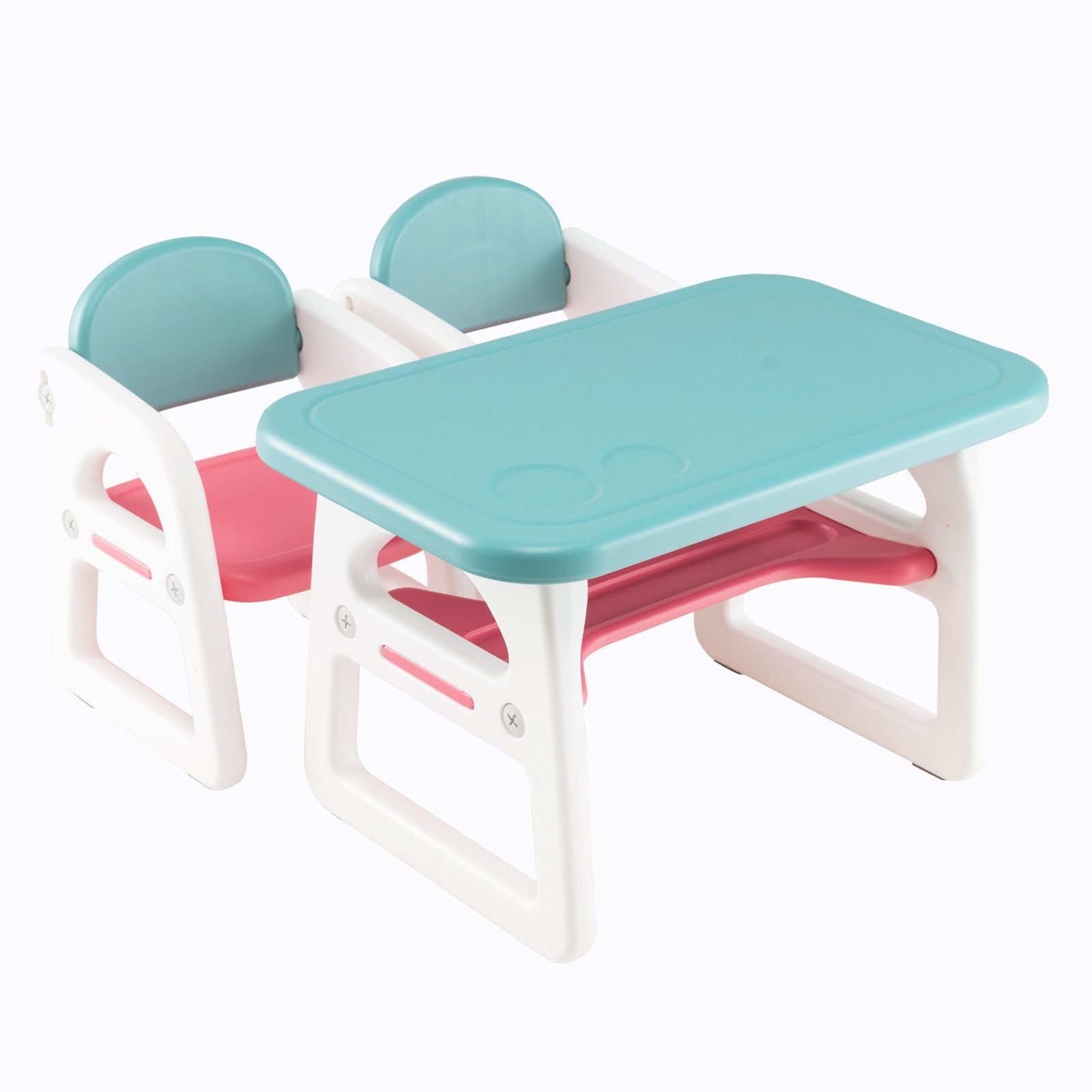 COSTWAY Kindersitzgruppe 3tlg. Kindermöbel, mit 2 Stühlen, mit Regal