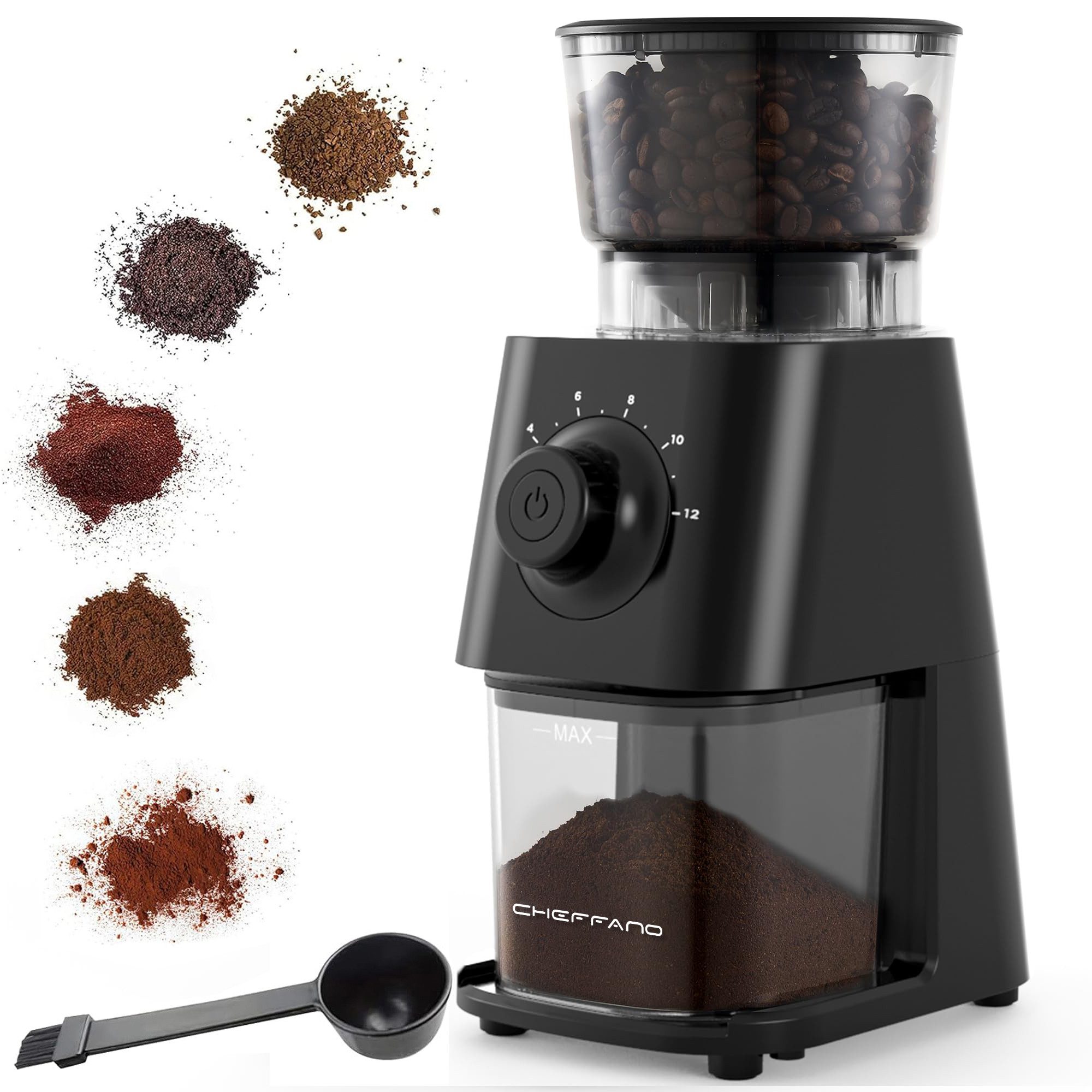 CHEFFANO Kaffeemühle Elektrische Kaffeemühle mit Kegelmahlwerk, 30 Mahlgrade, 150 W, Kegelmahlwerk, Langlebiger konischer Fräser