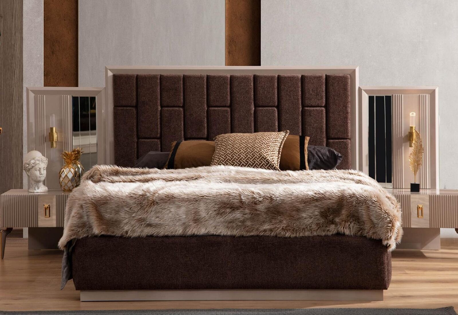 JVmoebel Schlafzimmer-Set Luxus Beiges Schlafzimmer Made Kommode, In Europe 2x Set Nachttische Bett