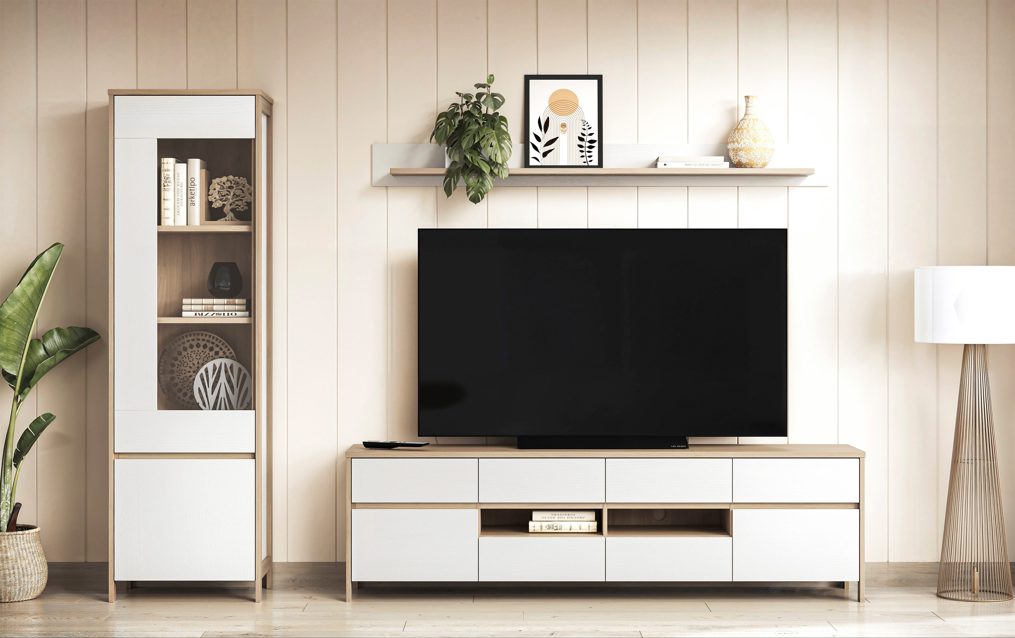 Home affaire Wohnwand Stranda, moderne Anbauwand, Komplettset im Scandi-Style, (3-St), enthält Vitrine, Lowboard und Wandboard, 270 cm breit