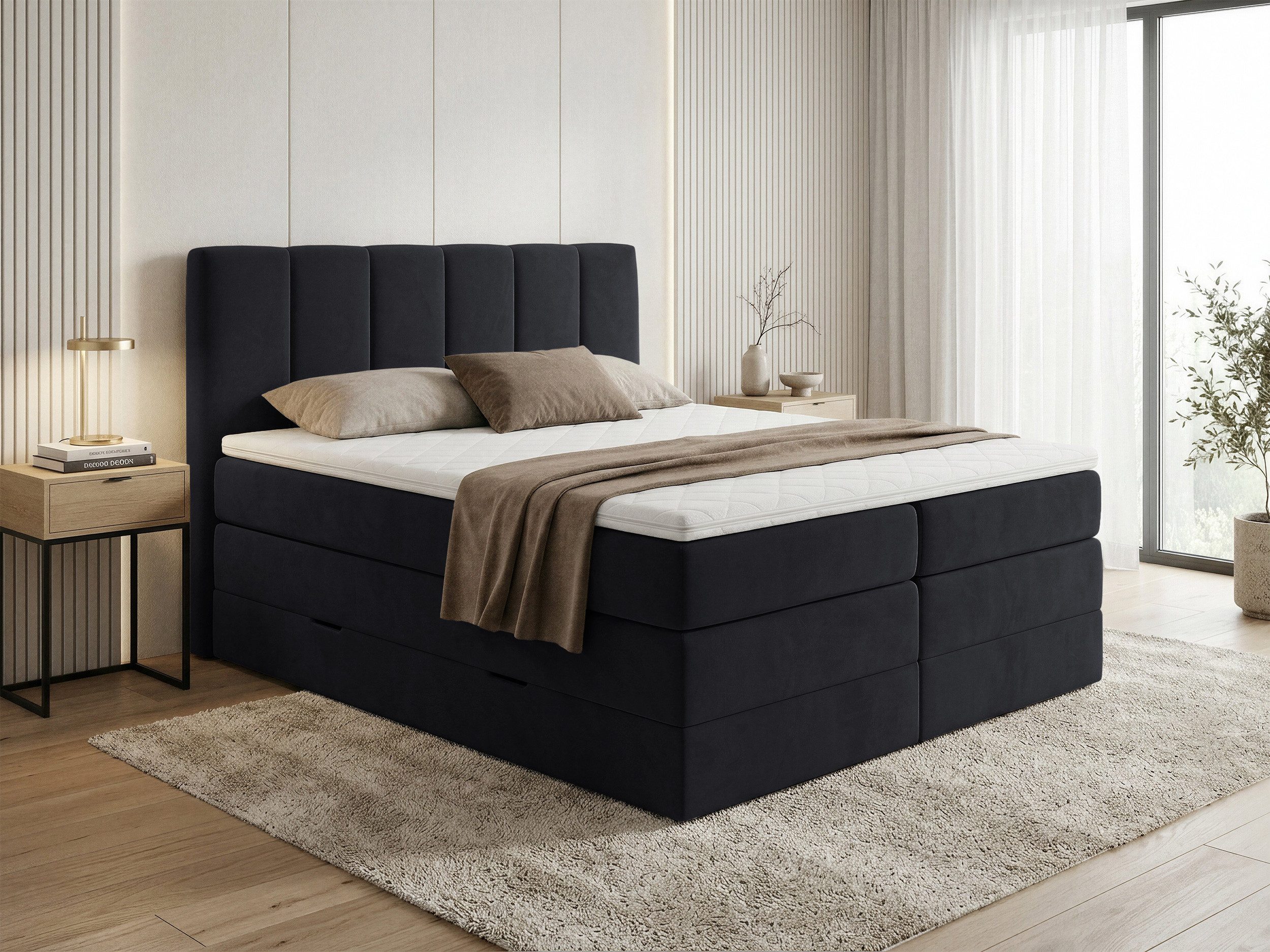 Sofnet Boxspringbett Star XL (2x Bettkästen, Bonellfederkern- und Taschenfederkernmatratze, Topper), Polsterbett, Doppelbett, Velours, mit Kopfteil, 140/160/180x200 cm