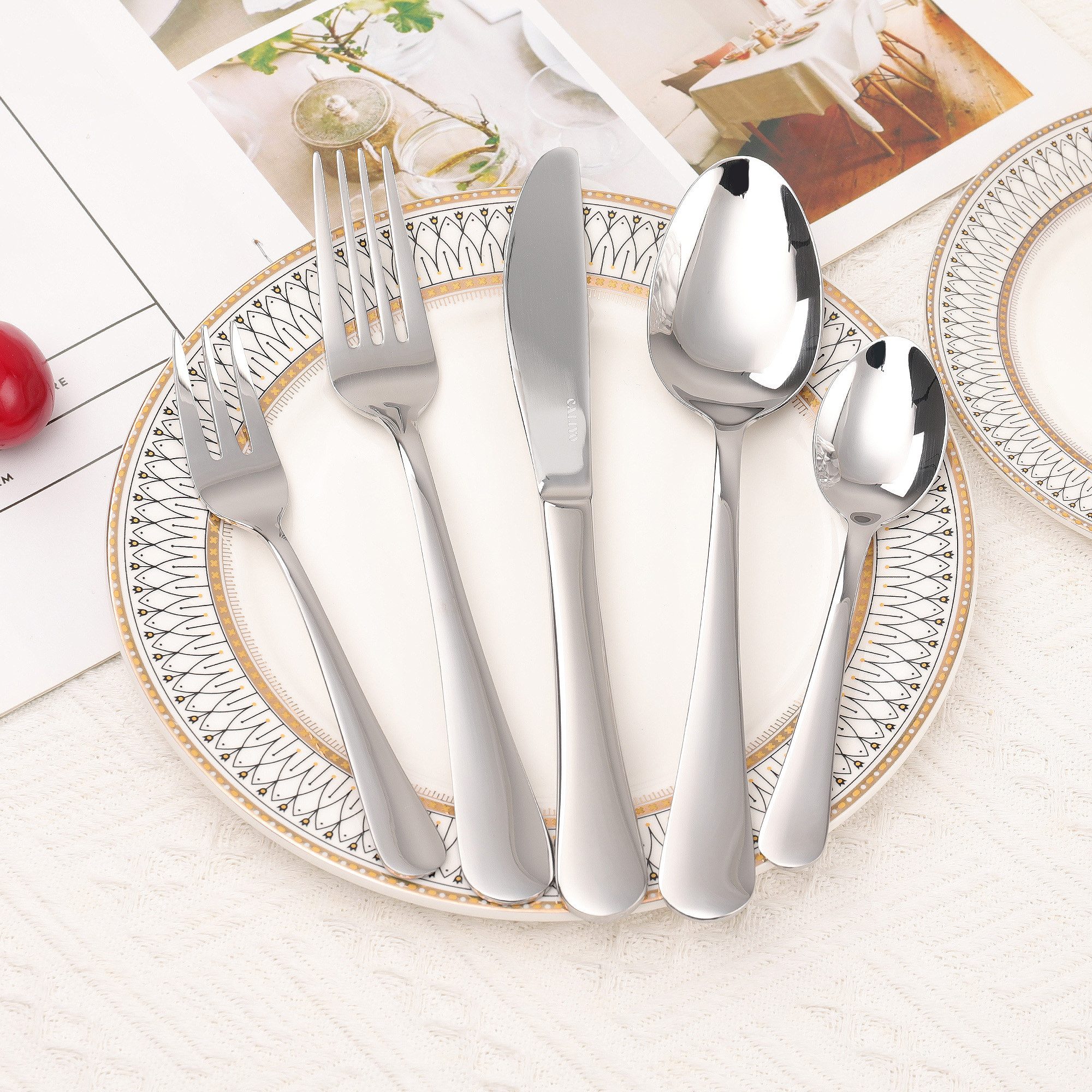 CALIYO Besteck-Set Spülmaschinenfest 30-teilig für 6 Personen aus Edelstahl (30-tlg), 6 Personen, Edelstahl, Poliertes Essbesteck Monobloc-Messer inklusive Messer Gabel Löffel