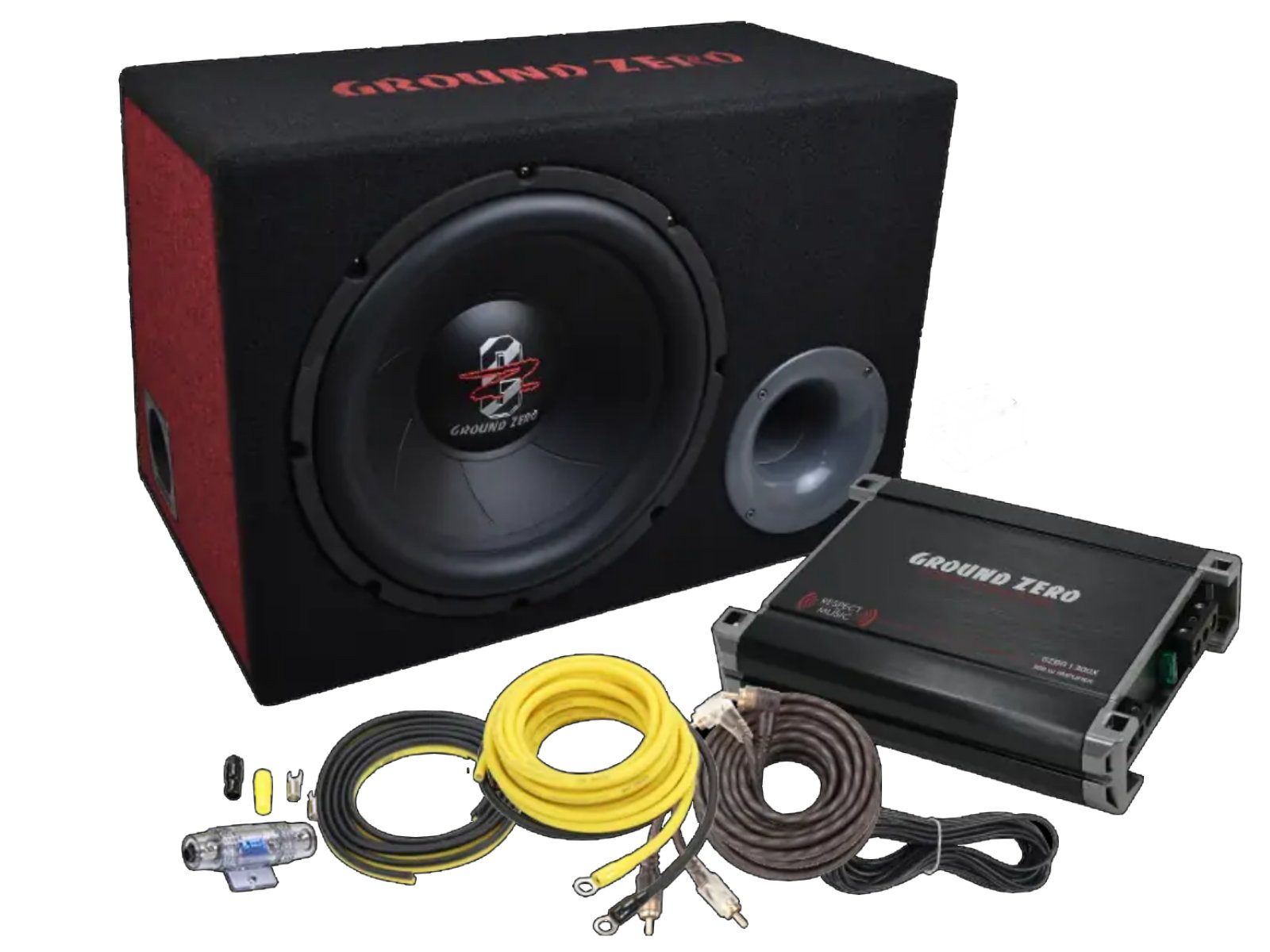 Ground Zero Ground Zero 30 cm Basspaket Subwoofer Verstärker Set Kabelset GZ Auto-Subwoofer (300 W)