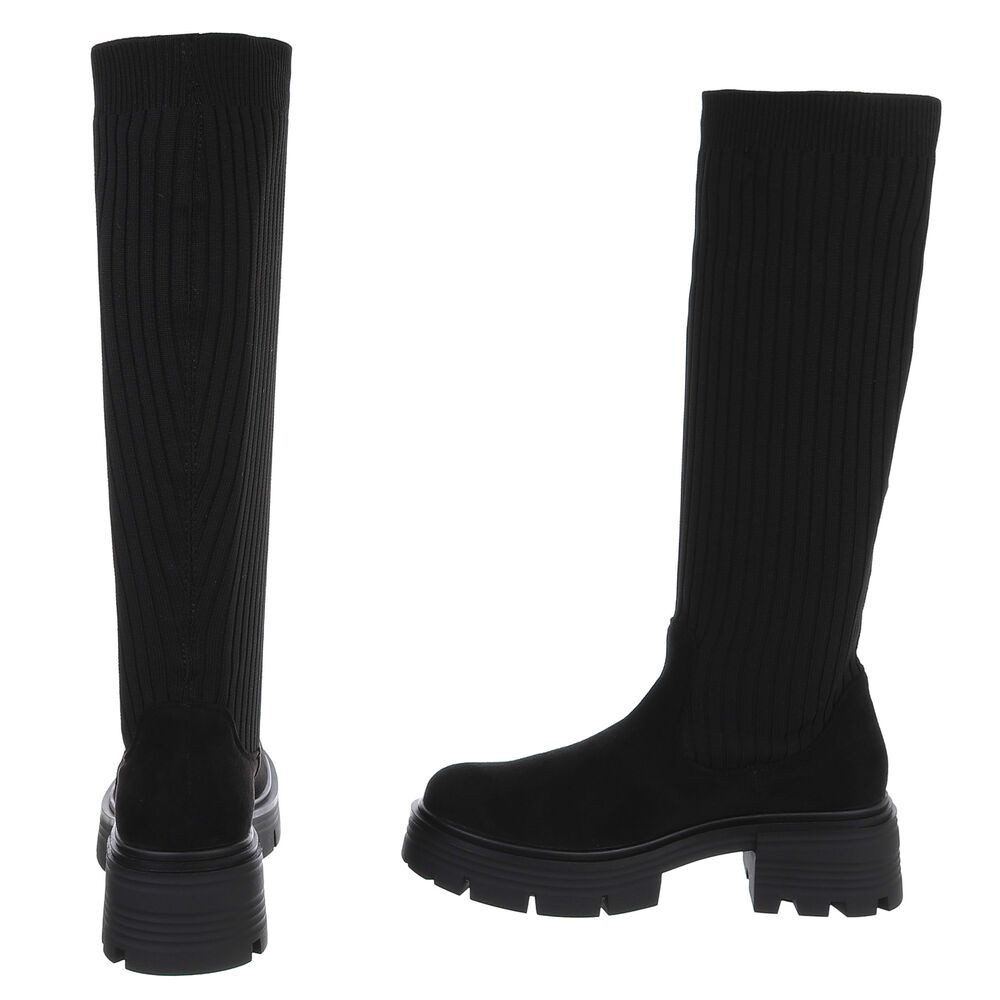 Ital-Design Modische Kniehohe Stiefel mit Rippen-Design für Damen Plateaustiefel (90727054) Blockabsatz Stiefel in Schwarz