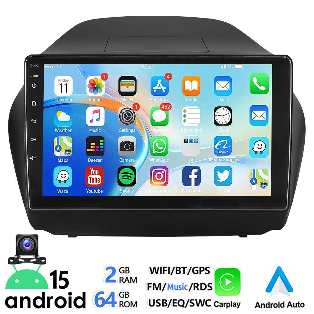 ESSGOO DAB+ 10'' Android 15 Für Hyundai iX35 10-15 Carplay Bluetooth GPS WiFi Autoradio (RDS, 4+64GB(optional), FM, AM, DAB+ (optional), Apple Carplay Android Auto GPS Navi WIFI BT EQ)