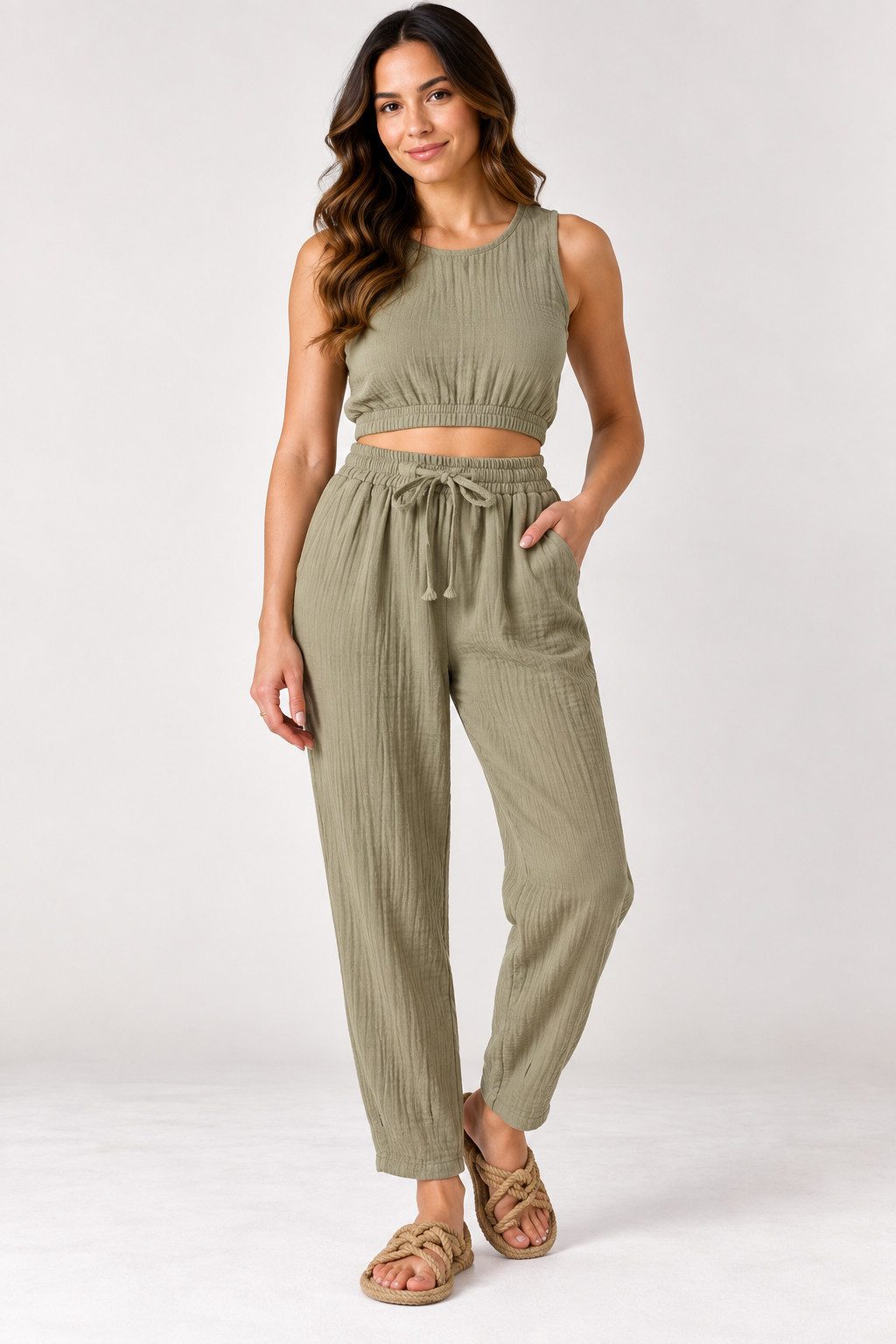 WENOR Stoffhose Damen Musselin Hose Baumwolle Tapered Sommerhose Knöchellänge, elastischer Bund, lässiger Style