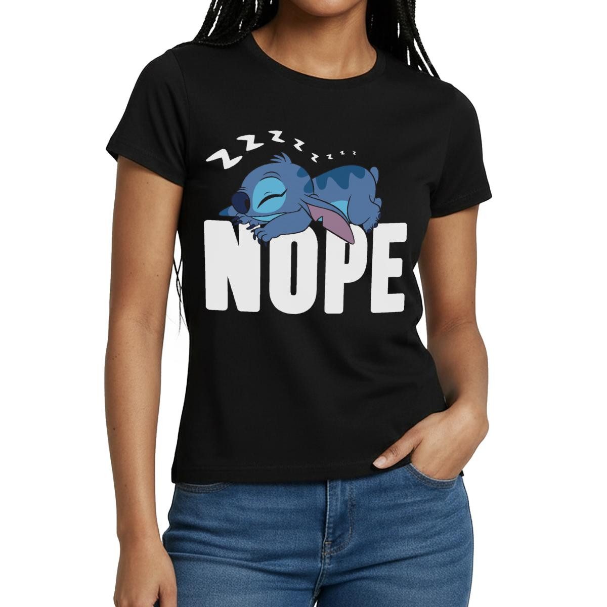 Spreadshirt T-Shirt Lilo & Stitch, Schlafender Stitch Nope Frauen T-Shirt (1-tlg)