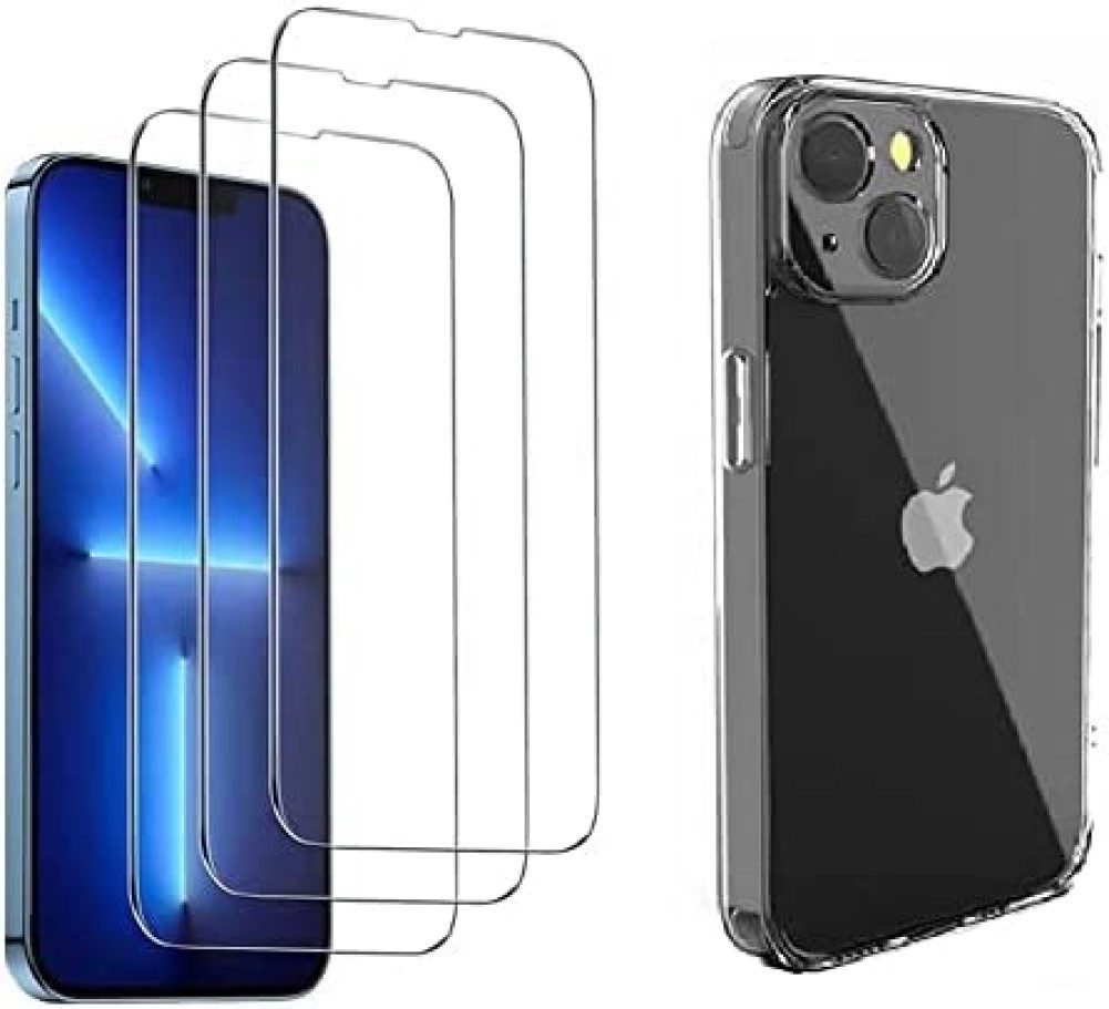 OLi Sichtschutzfolie Silikon Hülle mit 3 X Schutzglas 4in1 für iPhone 13 mit Kamera Schutz, (Spar-Set, 4-St), Displayschutzglas