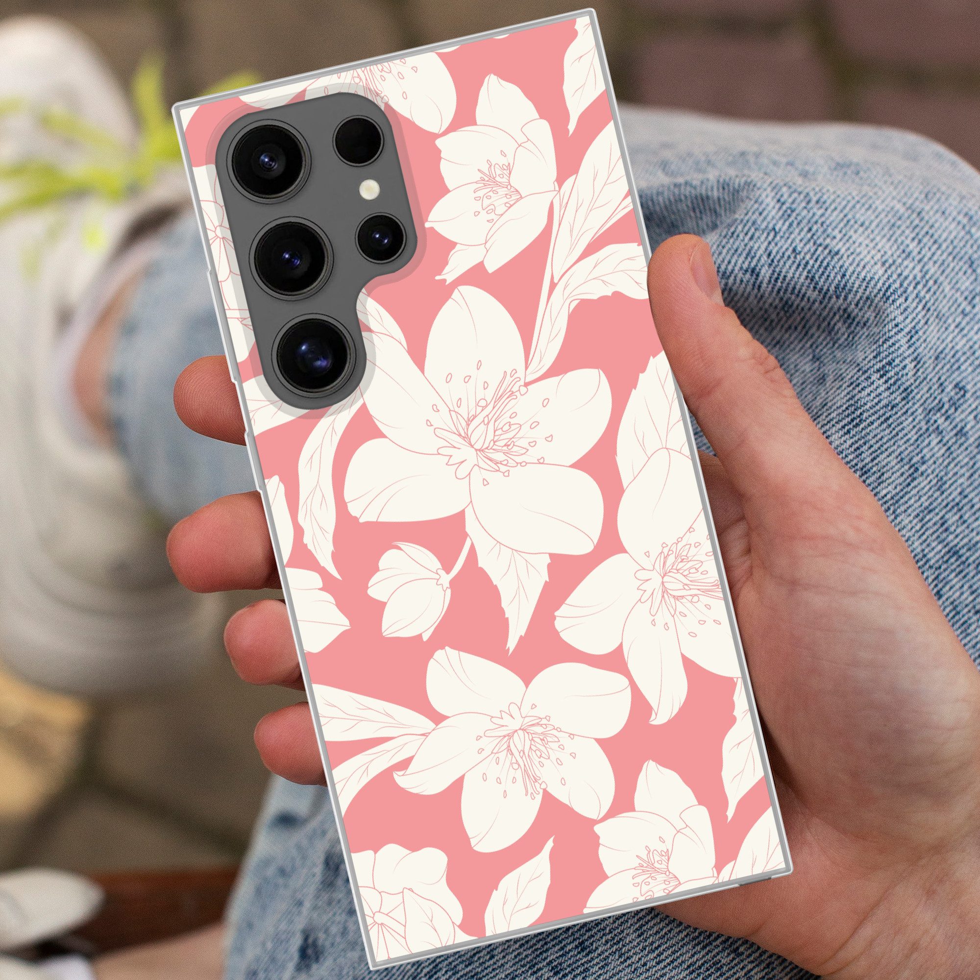 MuchoWow Handyhülle für Samsung Galaxy S24 Ultra Blumen - Muster - Rosa - Weiß, Phone Case, Silikon, Schutzhülle Dünn