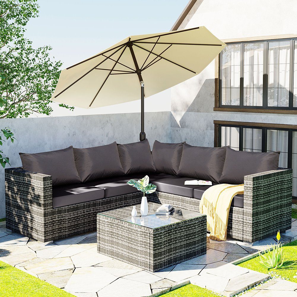Gartenlounge-Set, Balkonmöbel, Gartenmöbel-Set, 1 Sofa, 1 Ecksofa, 1 Glastisch, Kissen, aus PE-Polyrattan