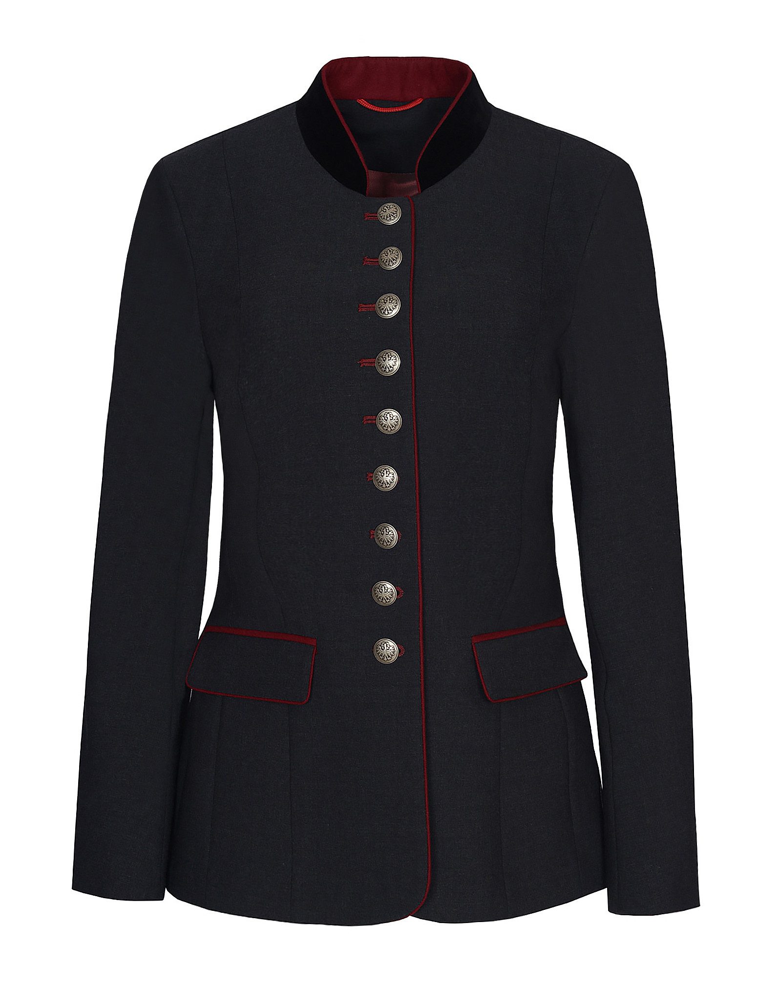 Moschen-Bayern Trachtenblazer Ophelia Damen Anthrazit mit Samtkragen und Metallknöpfen Stehkragen