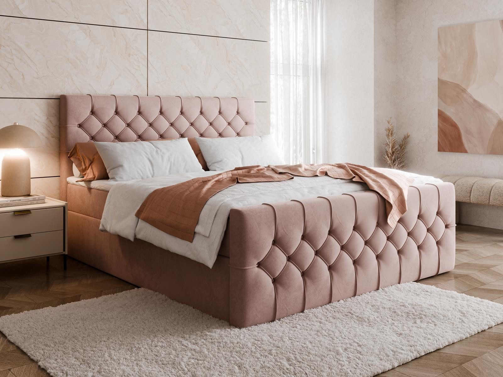 Compleo Boxbett mit Federkernmatratze und zwei Bettkästen, Topper als Option (von 120 bis 200x200 cm), Modernes Doppelbett aus edlem Velvet-Stoff